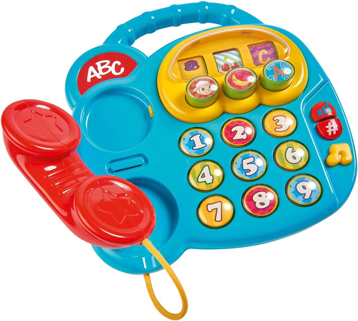 Simba 104010016 - Kolorowy telefon ABC, zabawka dla dziecka, obrotowy wyświetlacz obrazu, piosenka, telefon do odtwarzania, telefon do nauki, z różnymi dźwiękami, 20 cm, zdolności motoryczne, dla małych dzieci, od 6 miesiąca zabawek dla niemowląt Naty Shop Domyślny tytuł