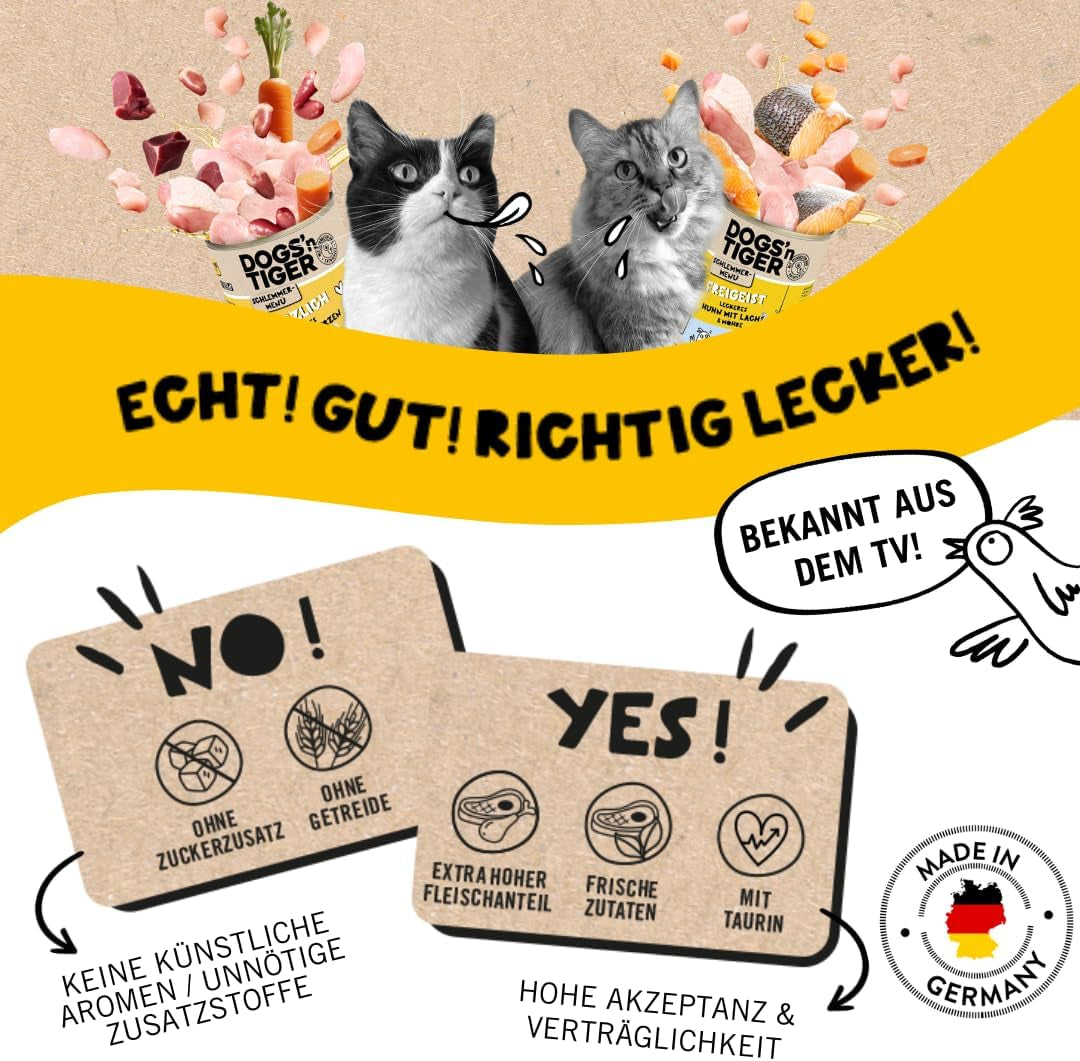 Dogs'n Tiger Schlemmermenü Glückskind, Nassfutter für Kätzchen, saftiges Hun und Forelle - ohne Getreide, Zuckerzusatz, künstliche Konservierungsstoffe, optymale Verträglichkeit, 12x 200g