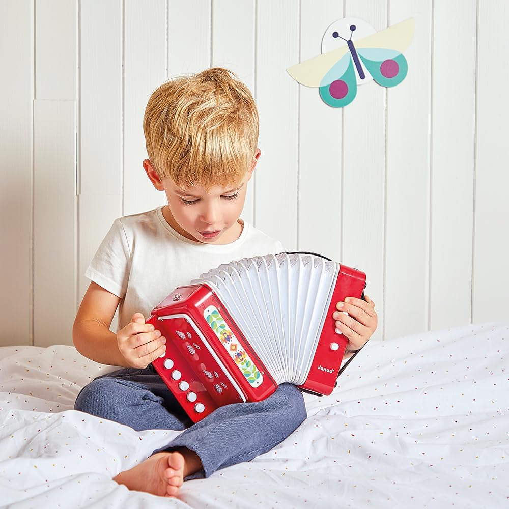 Janod - Akordeon Gioia - Instrument muzyczny dla dzieci - Odgrywanie ról i wczesna edukacja muzyczna - Z paskiem - Od 3 lat, J07654 Jucarii Bebe Naty Shop