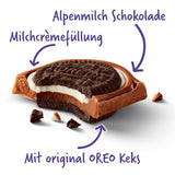 Milka Oreo Sandwich – Alpejska czekolada mleczna wypełniona chrupiącymi kawałkami ciasteczek Oreo i gładkim kremem waniliowym – 92g