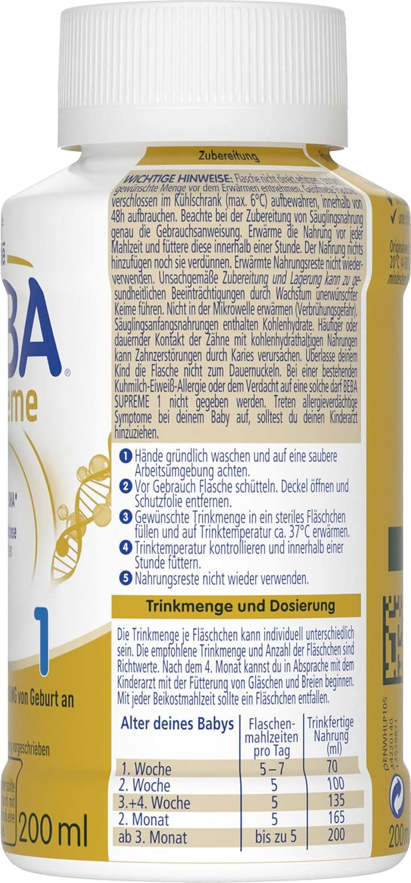 BEBA Nestlé BEBA SUPREME 1 Mleko dla niemowląt: gotowe do spożycia butelki z kwasami Omega 3, opakowanie 4 szt. (1 x 200 ml)