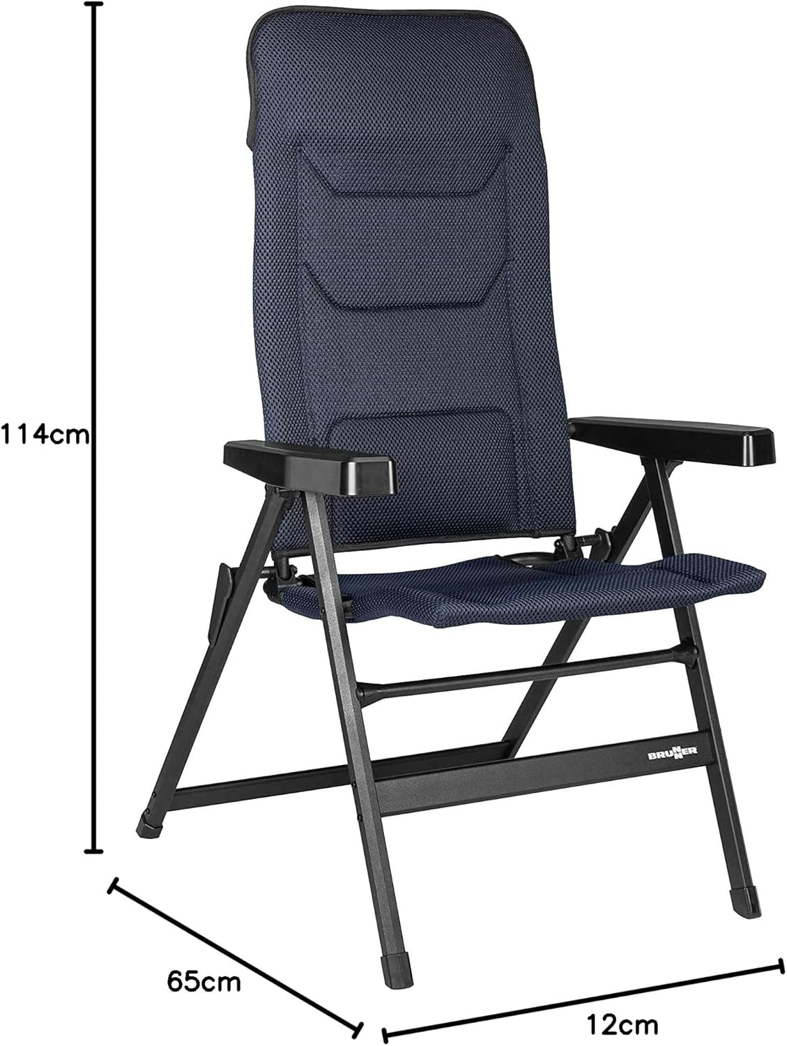 BRUNNER Rebel PRO (S-M-L) Krzesło składane na kemping, do ogrodu, na patio Wykonane z aluminium, regulowane w 5 pozycjach, nośność do 150 kg, wysokie oparcie, czarne lub niebieskie Poduszki podróżne Naty Shop