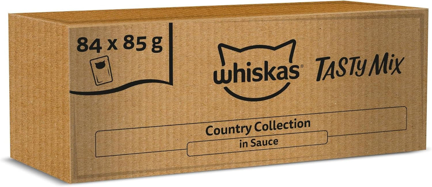 Whiskas Karma mokra dla dorosłych 1+ Tasty Mix Country Collection w sosie, 84 saszetki, 84 x 85 g (1 opakowanie zbiorcze) - Wysokiej jakości mokra karma dla dorosłych kotów