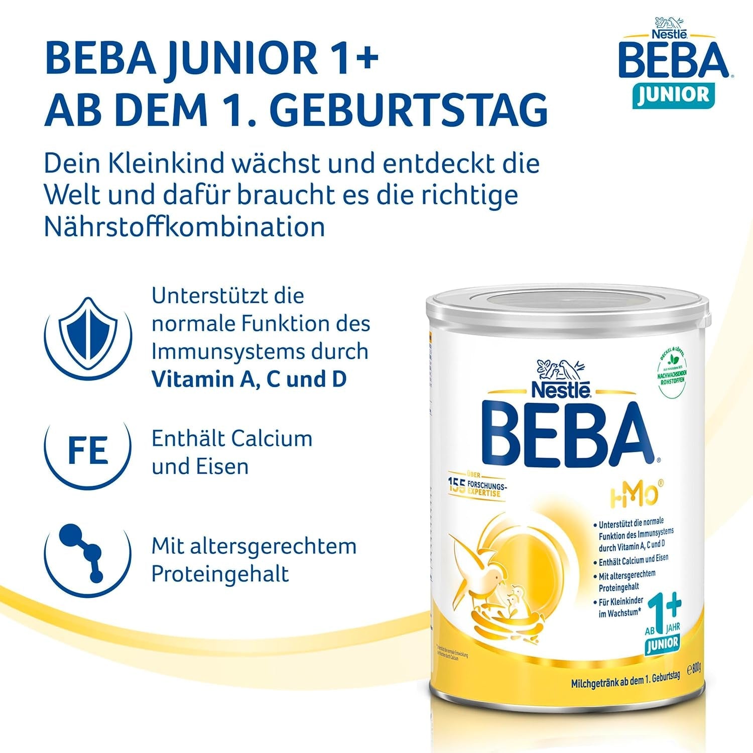 BEBA Junior 1+ napój mleczny od 1. roku życia, z HMO, zawartość białka dostosowana do wieku, tylko laktoza, bez oleju palmowego, bez oleju rybnego, pokarm dla małych dzieci, mleko w proszku dla dzieci, opakowanie 3 szt. (3 x 800 g)