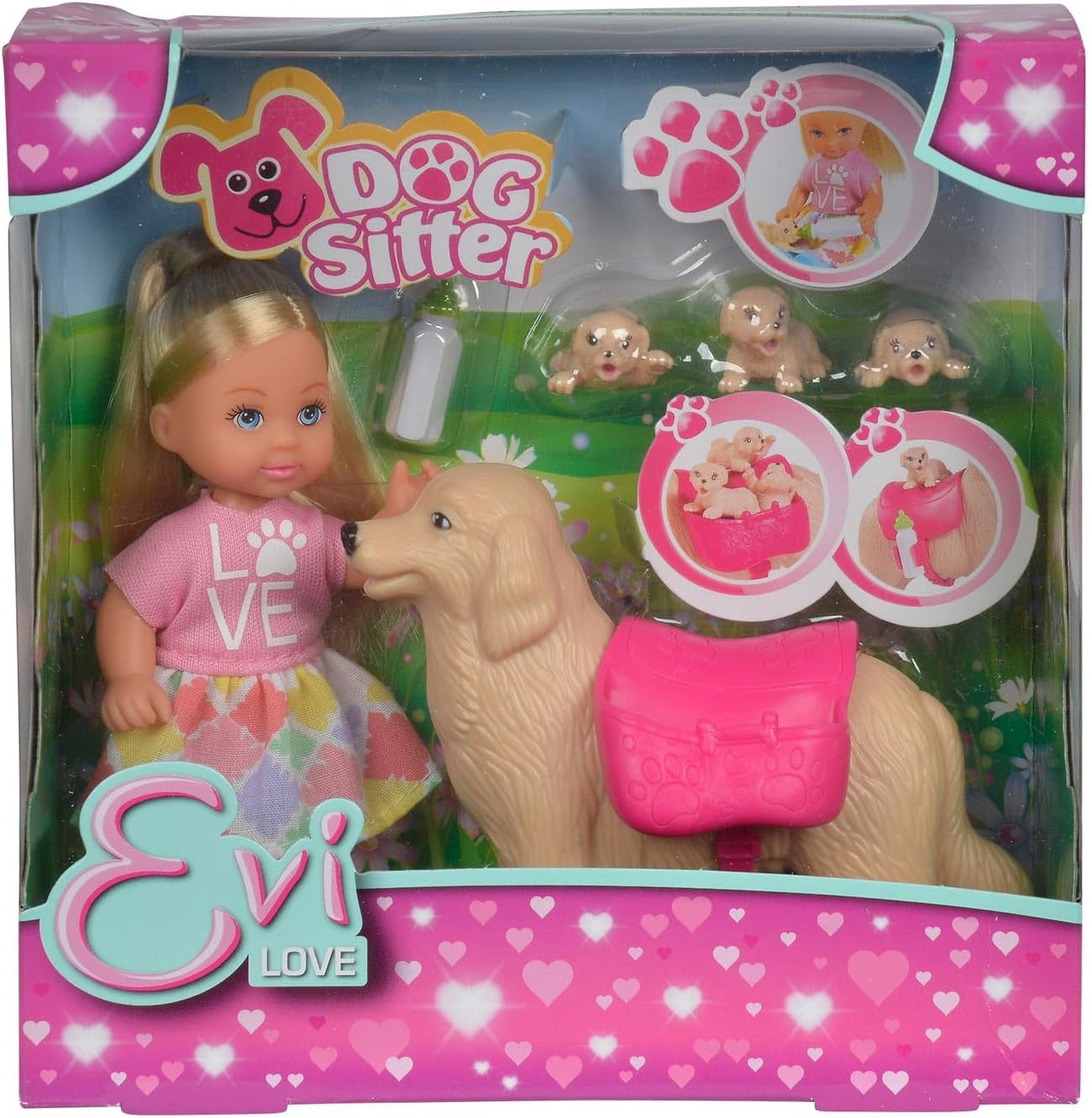 Simba 105733072 - Evi Love Opiekunka do psa z psem i trzema szczeniętami, akcesoria, lalka modowa, 12cm, dla dzieci w wieku 3+