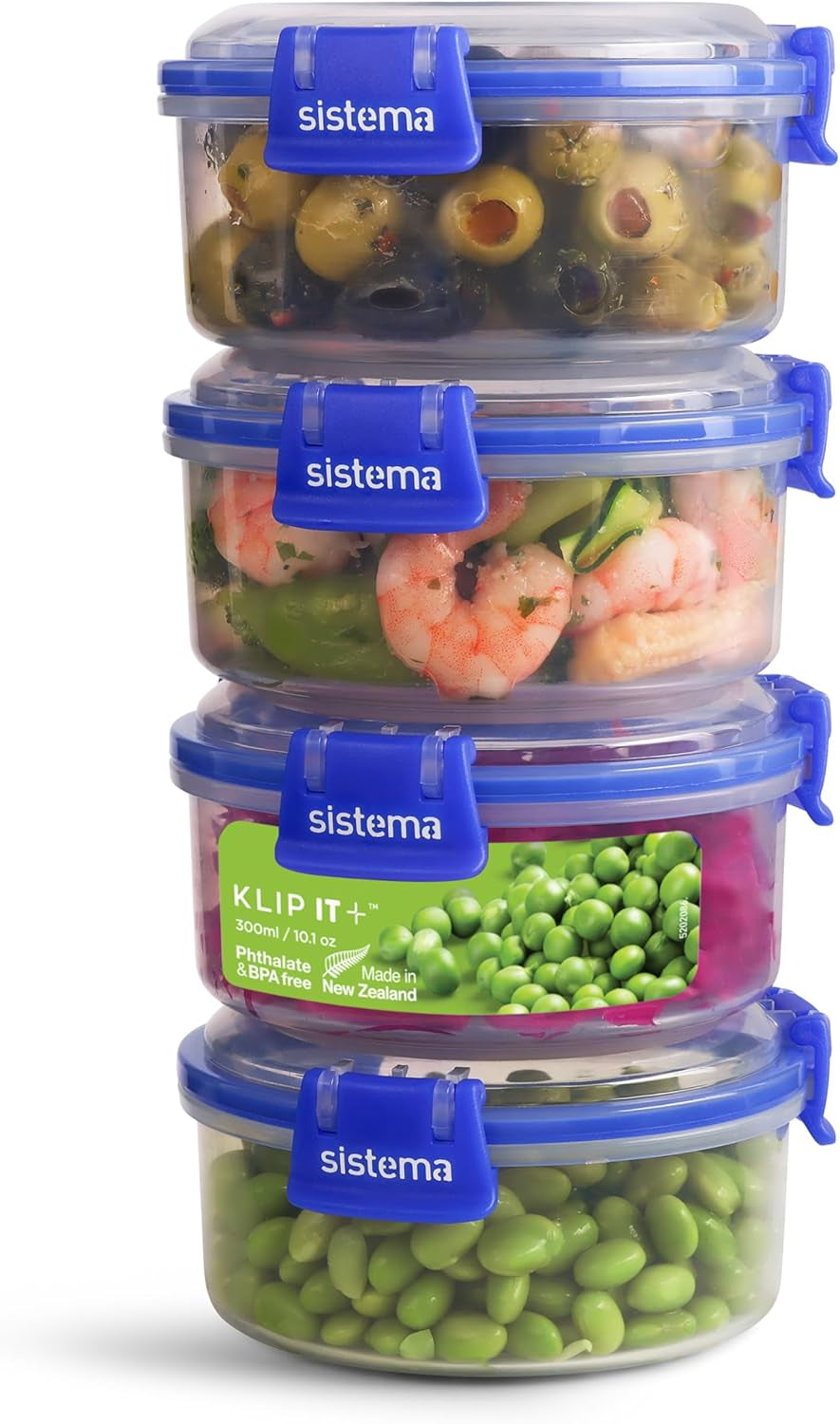 System KLIP IT Plus zestaw słoików do przechowywania żywności, okrągły | 300 ml l | hermetyczne, nadające się do układania w stosy i hermetyczne słoiki do przechowywania z pokrywkami | nadaje się do lodówki/zamrażarki | bez BPA | 4 sztuki Pudełka do przechowywania żywności Naty Shop 300 Ml