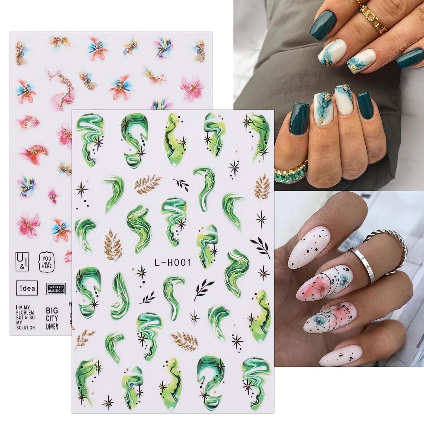 JMEOWIO Nagelsticker Marmor Französische Spitze 10 Blatt Nail Art Naklejka Selbstklebend Nagelaufkleber Bunt Dekoration Nageldesign Zubehör