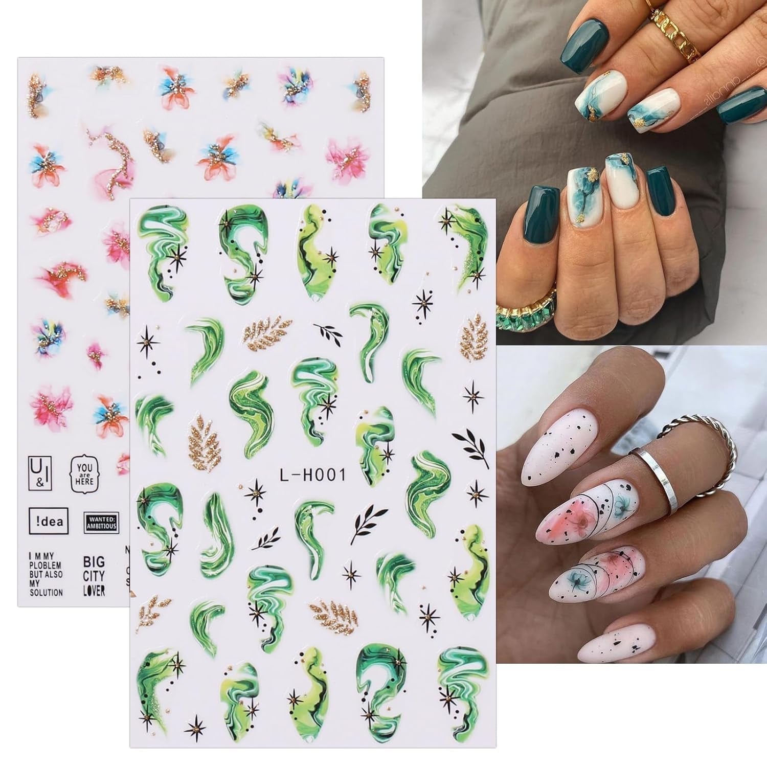 JMEOWIO Nagelsticker Marmor Französische Spitze 10 Blatt Nail Art Naklejka Selbstklebend Nagelaufkleber Bunt Dekoration Nageldesign Zubehör