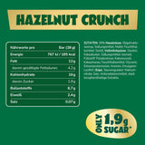 Przed nami batoniki czekoladowe z karmelem i orzechami laskowymi | 12 tabliczek czekolady x 35 g bez dodatku cukru | 1,9 g cukru na batonik | Chrupiący smak orzecha laskowego i karmelu | Słodycze o niskiej zawartości węglowodanów | Żadnego oleju palmowego
