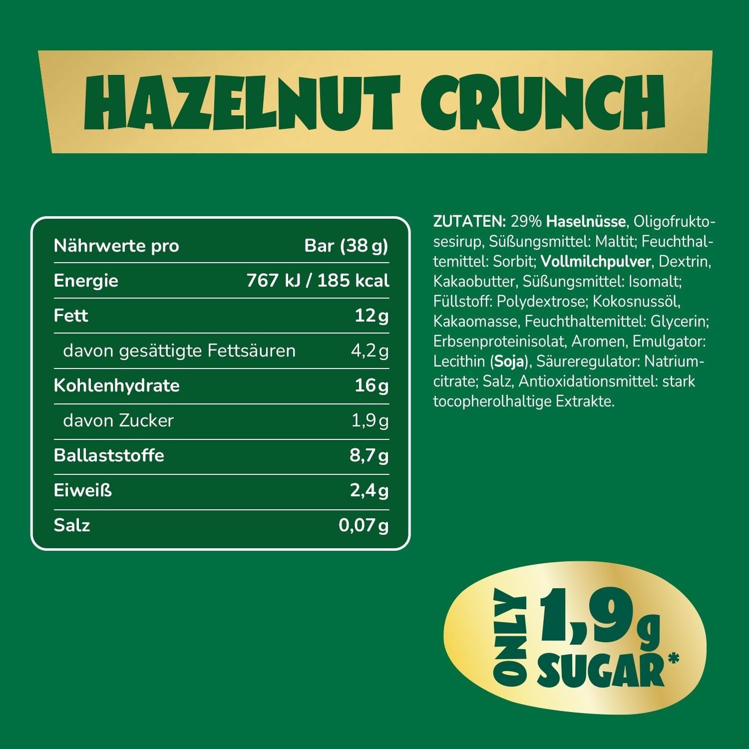 Przed nami batoniki czekoladowe z karmelem i orzechami laskowymi | 12 tabliczek czekolady x 35 g bez dodatku cukru | 1,9 g cukru na batonik | Chrupiący smak orzecha laskowego i karmelu | Słodycze o niskiej zawartości węglowodanów | Żadnego oleju palmowego