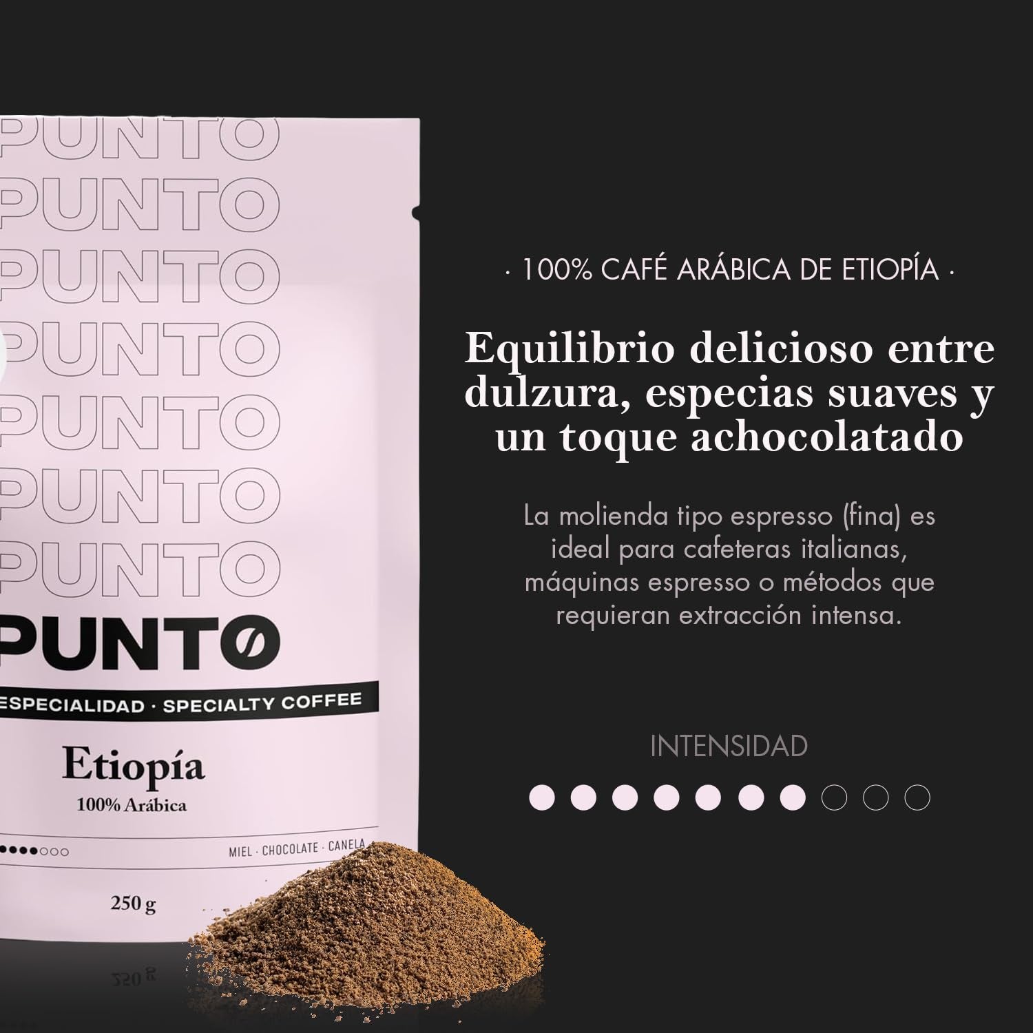– Kawa mielona etiopska – 250 g – Kawa specjalna – Średnio palona – 100% Arabica – Nuty miodu, cynamonu i czekolady – Intensywna kwasowość – Średnia treściwość