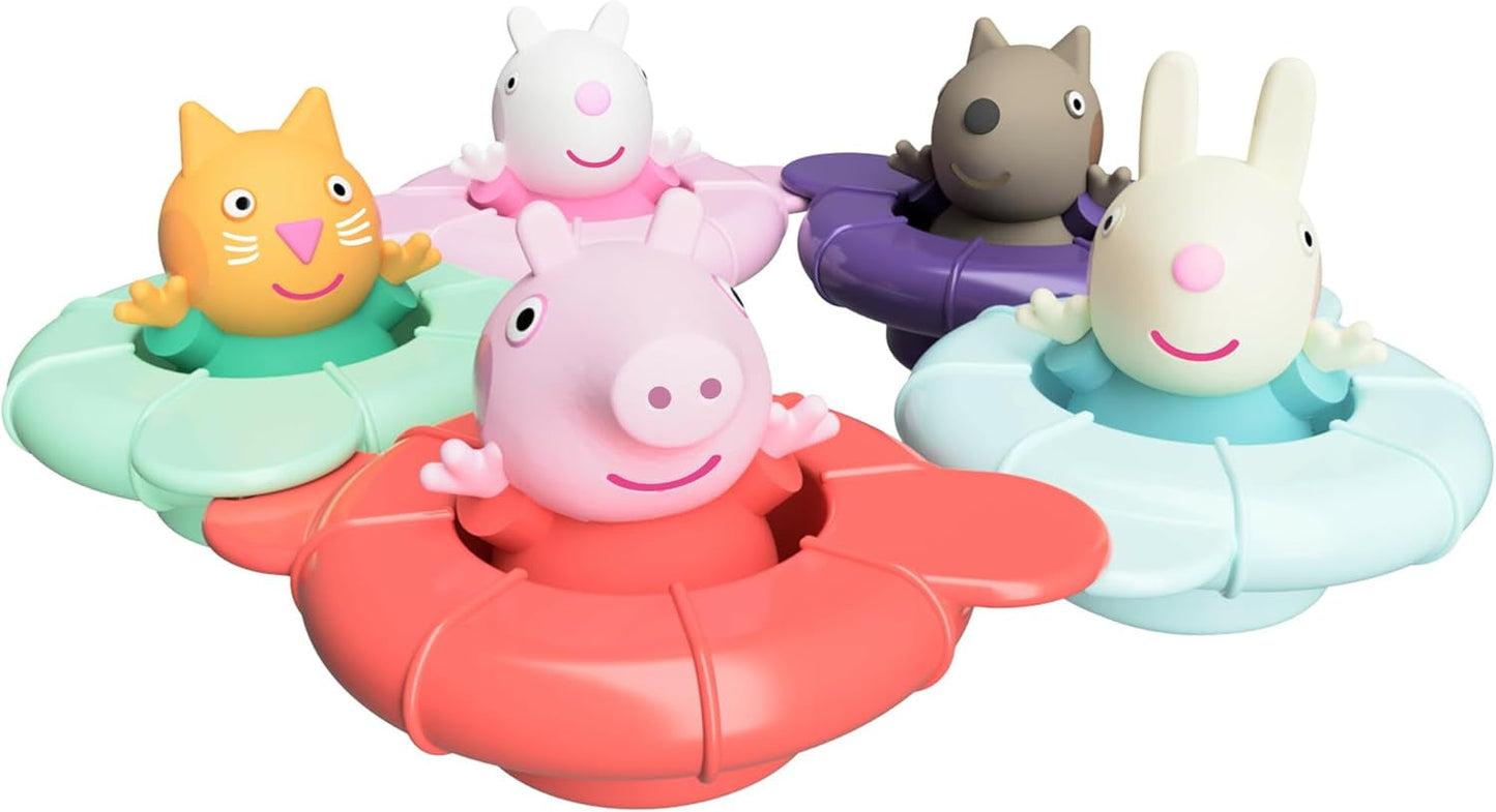 Tomy Toomies Impreza przy basenie Peppy - 5 kubków łączących z 5 zabawkami dla dzieci Świnka Peppa i przyjaciele Tryskacz wody - Zabawki do kąpieli + 18 miesięcy - Zabawki do kąpieli dla niemowląt i zabawki do basenu Bebe Naty Shop Toys Domyślny tytuł