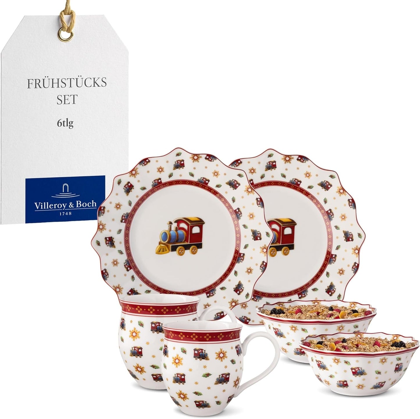 Villeroy & Boch - Zestaw śniadaniowy Toy's Delight dla 2 osób, wzór lokomotywy, 6 sztuk, kolorowy, bożonarodzeniowy, zestaw obiadowy z talerzami, filiżankami i miskami na śniadanie, świąteczne zastawy stołowe, porcelana Premium