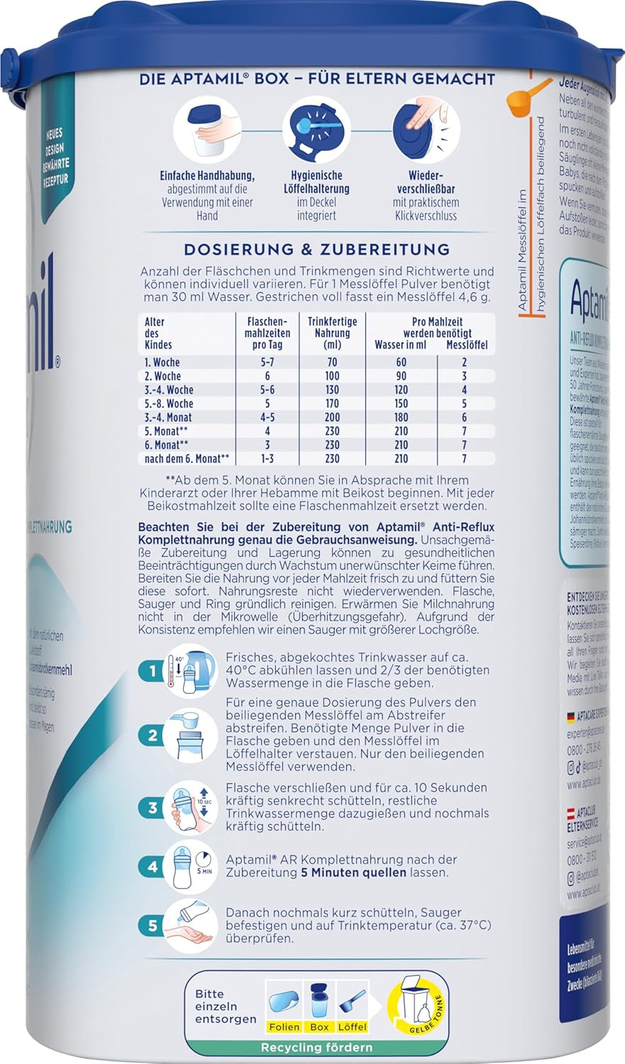Aptamil Anti-Reflux - Kompletna formuła od urodzenia Zarządzanie dietą Wymioty i zarzucanie pokarmu Pokarm dla niemowląt Mleko w proszku 1 x 800g