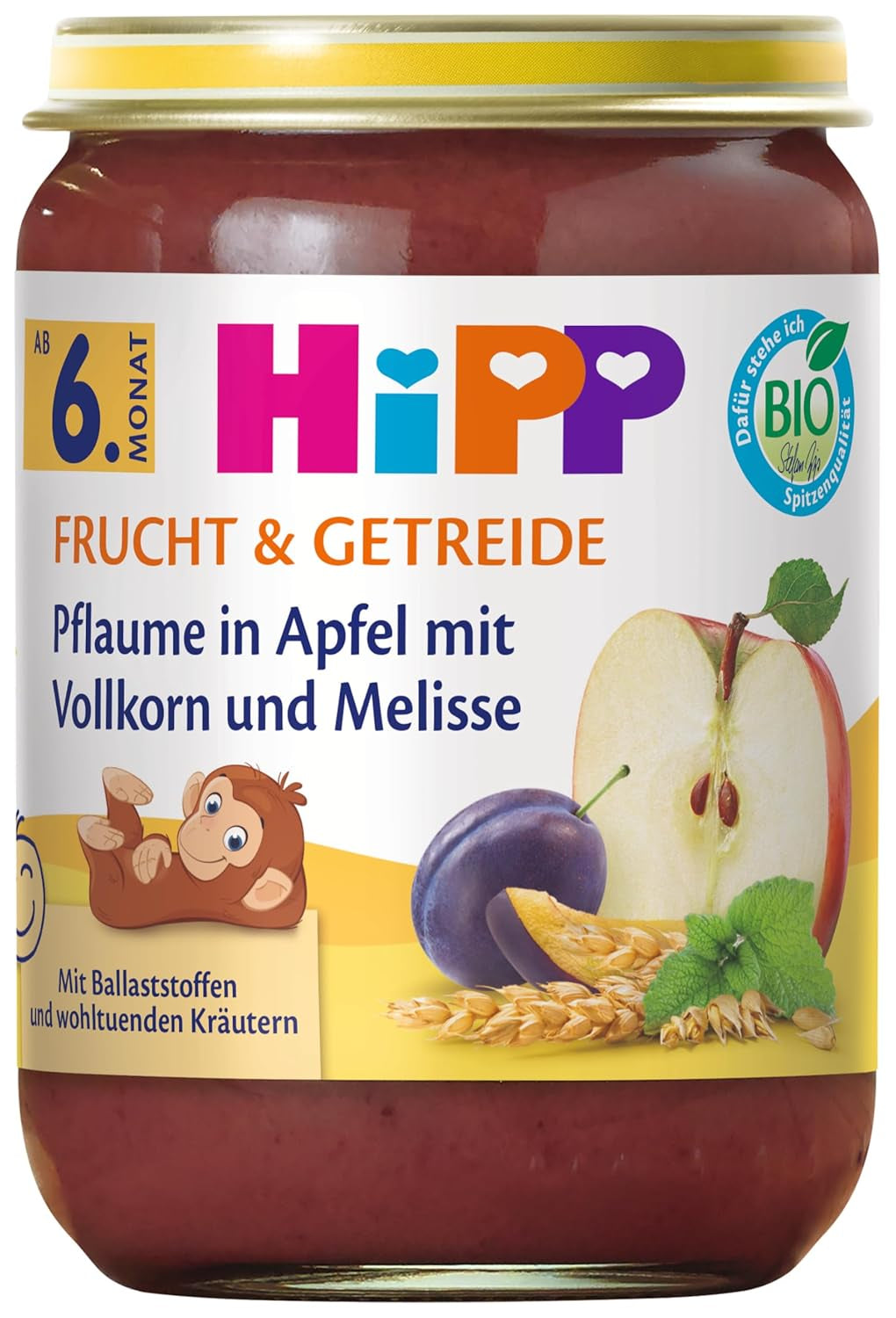 HiPP Organiczne śliwki w kremie jabłkowym z pełnymi ziarnami i melisą (6 x 190 g), od 6 miesiąca życia, z organicznymi pełnymi ziarnami i dobroczynnymi ziołami, tylko naturalna słodycz owoców, najwyższej jakości organicznej