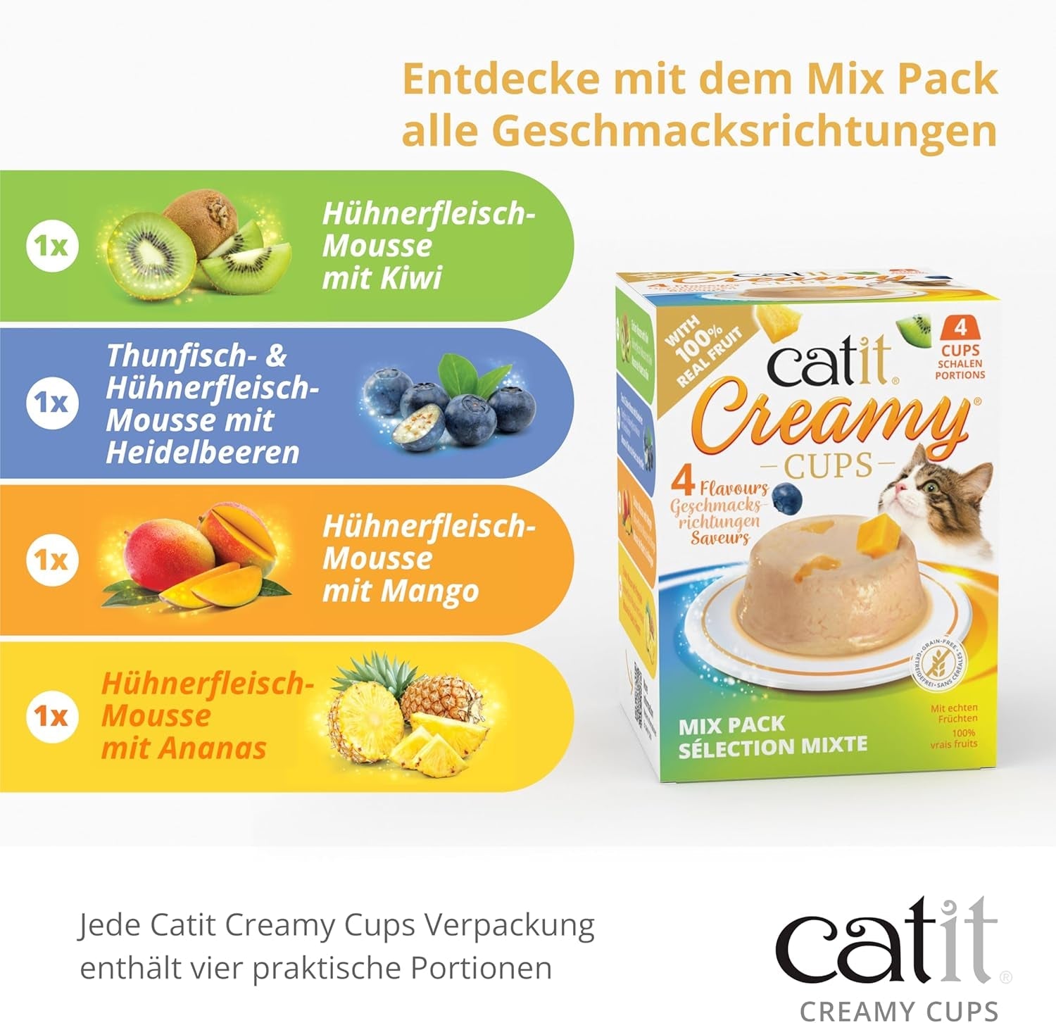 Catit Kremowe kubki, tuńczyk i kurczak z jagodami, 4x25g