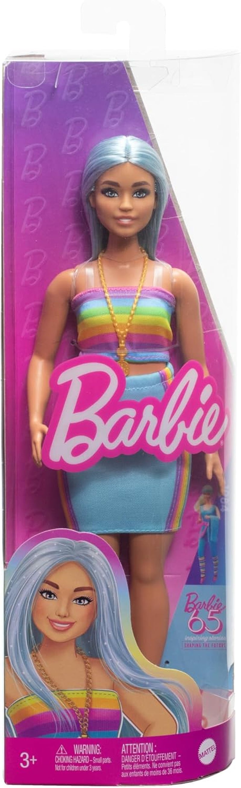 Lalka Barbie Fashionistas nr. 218 z długimi niebieskimi włosami, tęczową bluzką i turkusową spódnicą, lalka kolekcjonerska z okazji 65. rocznicy, HRH16