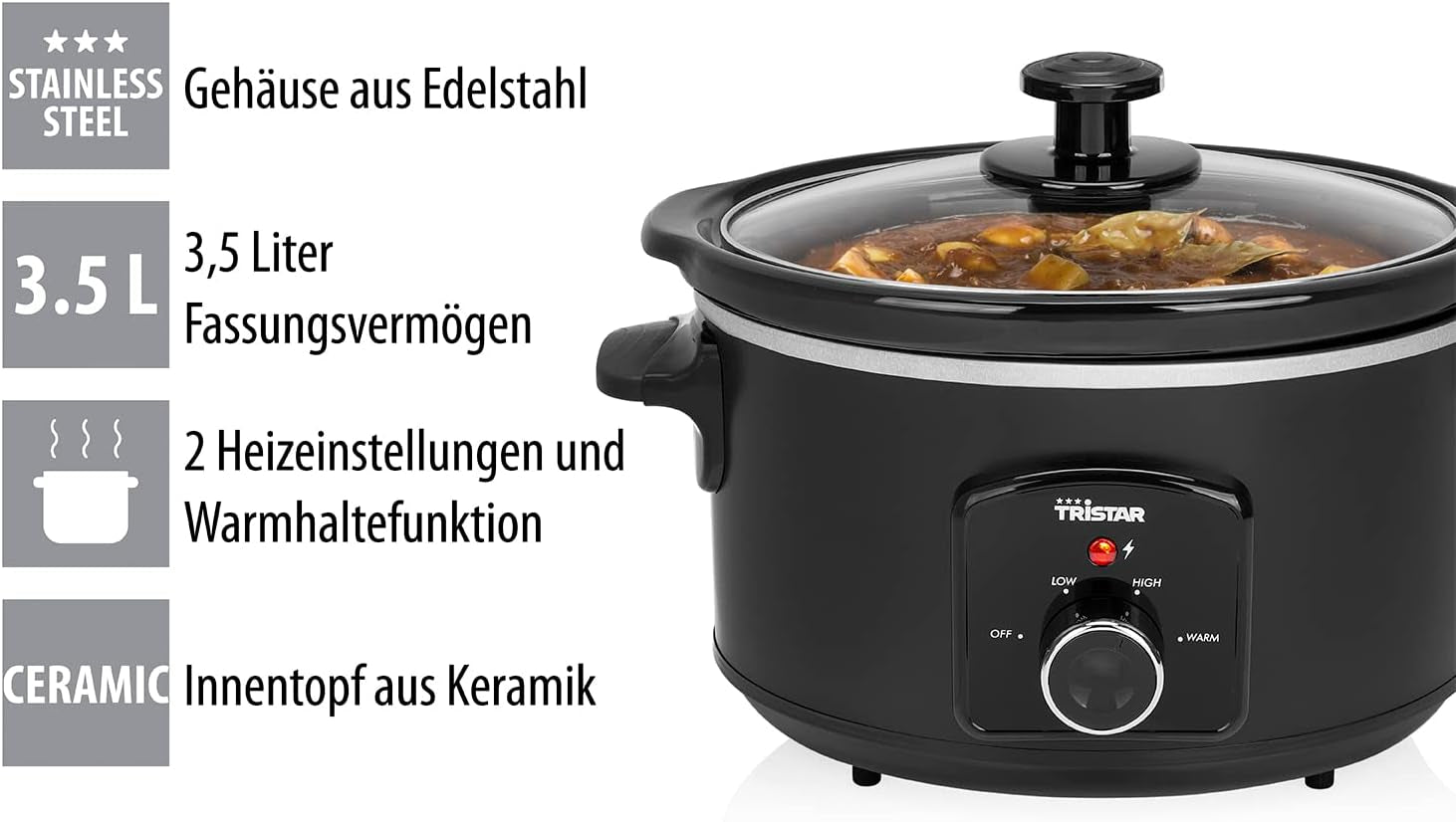Wolnowar Tristar VS-3915, garnek ceramiczny ze stali nierdzewnej z 2 stopniami grzania i funkcją utrzymywania ciepła, Wolnowar 3,5 L Naty Shop