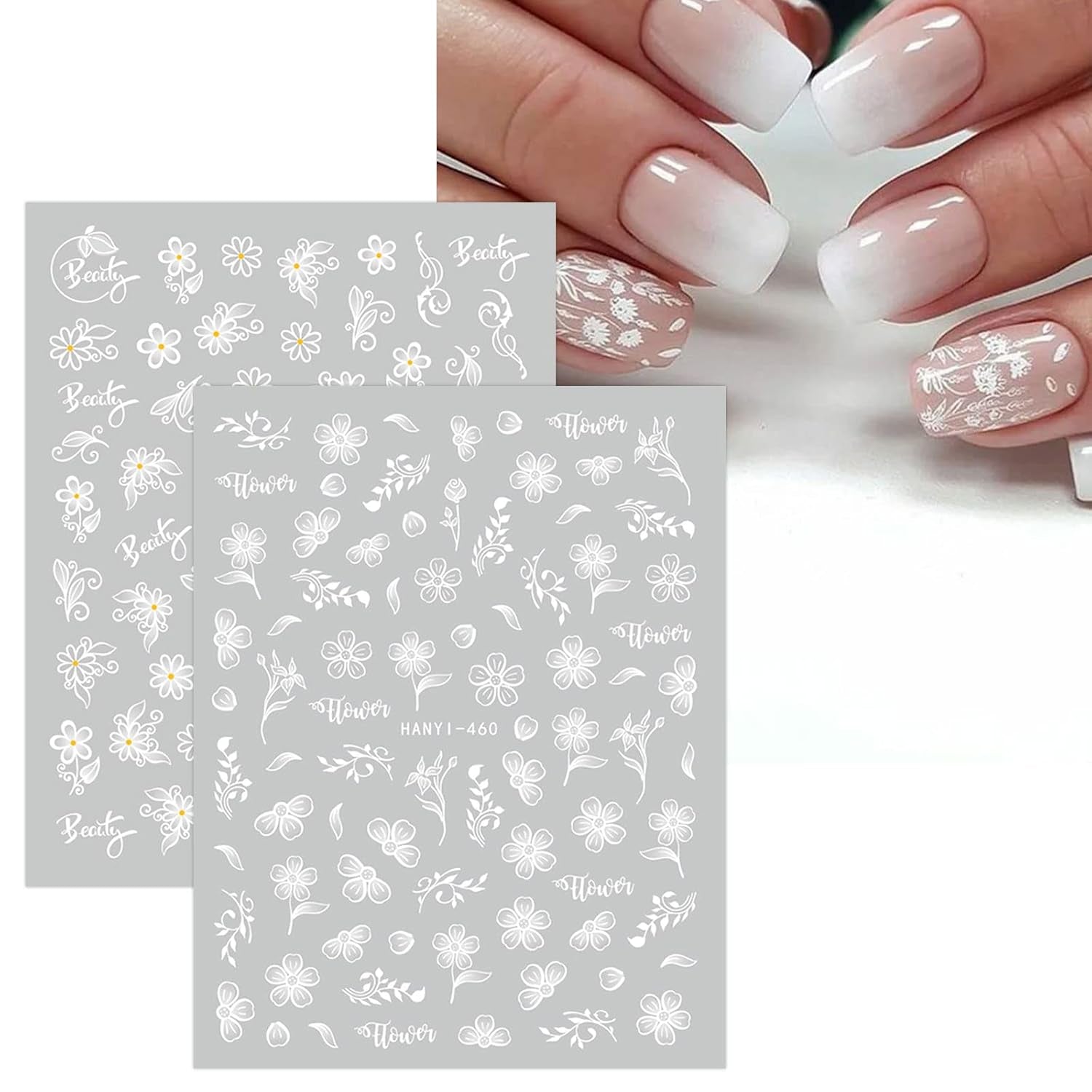 JMEOWIO Nagelsticker Frühlings Weiß Blume 12 Blatt Nail Art Naklejka Selbstklebend Nagelaufkleber Sommer Schmetterling Blumen Blatt Dekoration Nageldesign Zubehör