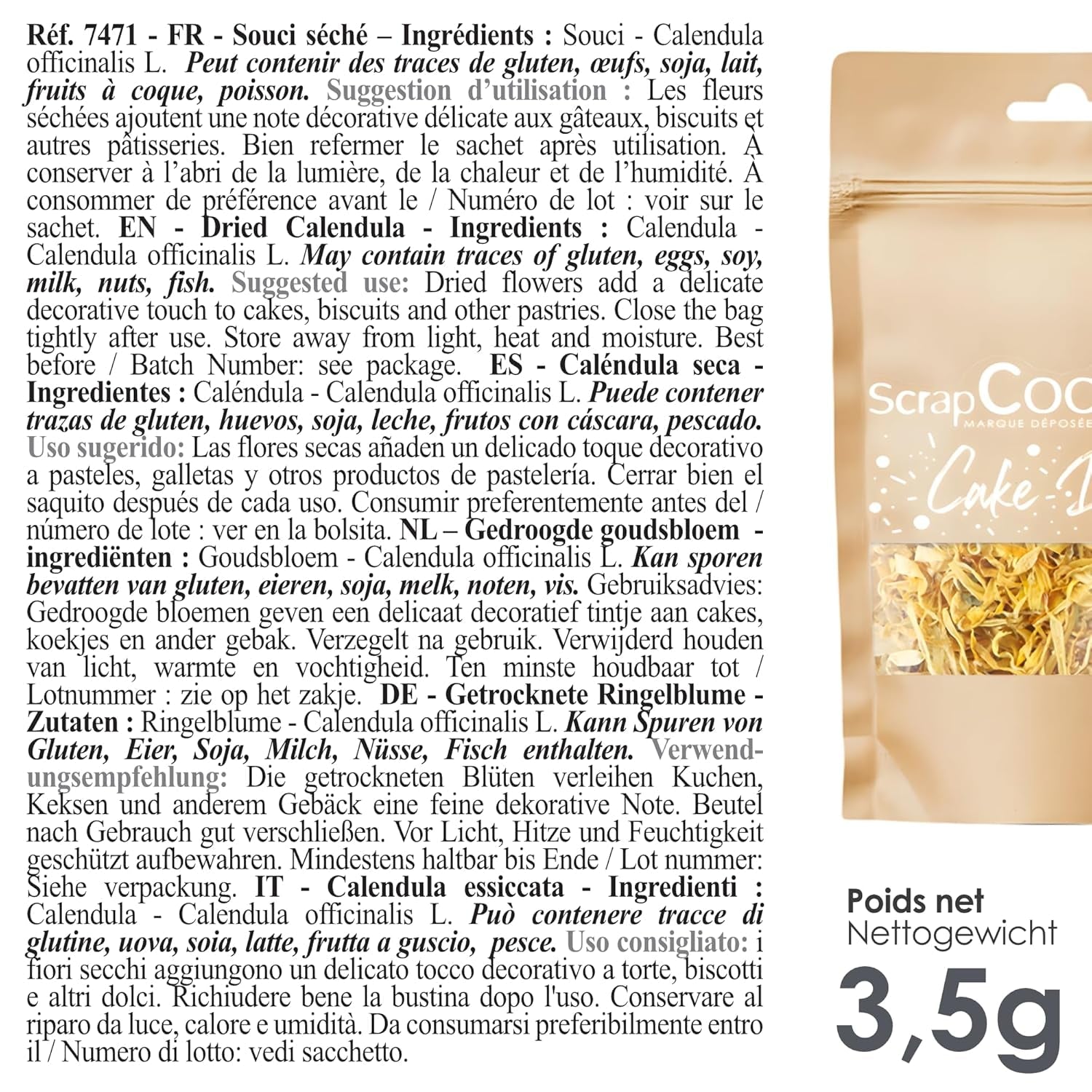 ScrapCooking - Nagietki suszone 3,5g - Kwiaty jadalne - Ozdoby do żywności do pieczenia - Do deserów, ciast, tart, babeczek - Boże Narodzenie, Wiosna, Urodziny - Złocistożółty - 7471