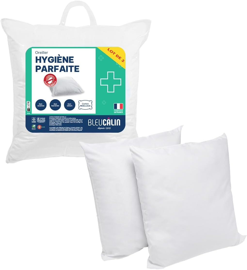 Bleu Câlin Zestaw 2 prostokątnych poduszek przeciw roztoczom, antybakteryjnie, puszysty komfort, T 60X60 cm, 100% bawełna, doskonały asortyment higieniczny Poduszki standardowe Naty Shop Kształt kwadratowy 60 X 60 cm