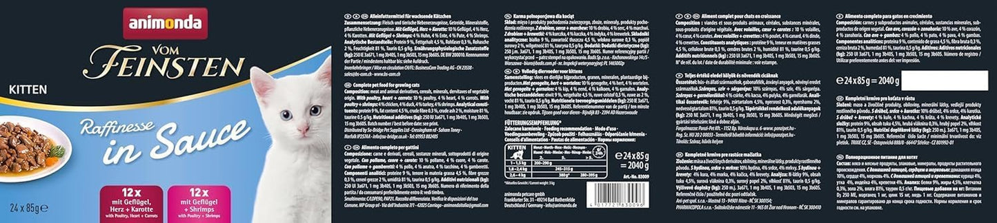 animonda vom Feinsten Premium Kitten Mokra karma dla kotów, Wyrafinowane aromaty w sosie, 24 saszetki (24 x 85g), Wysokiej jakości mokra karma dla kotów, bez cukru, Mieszanka mieszana
