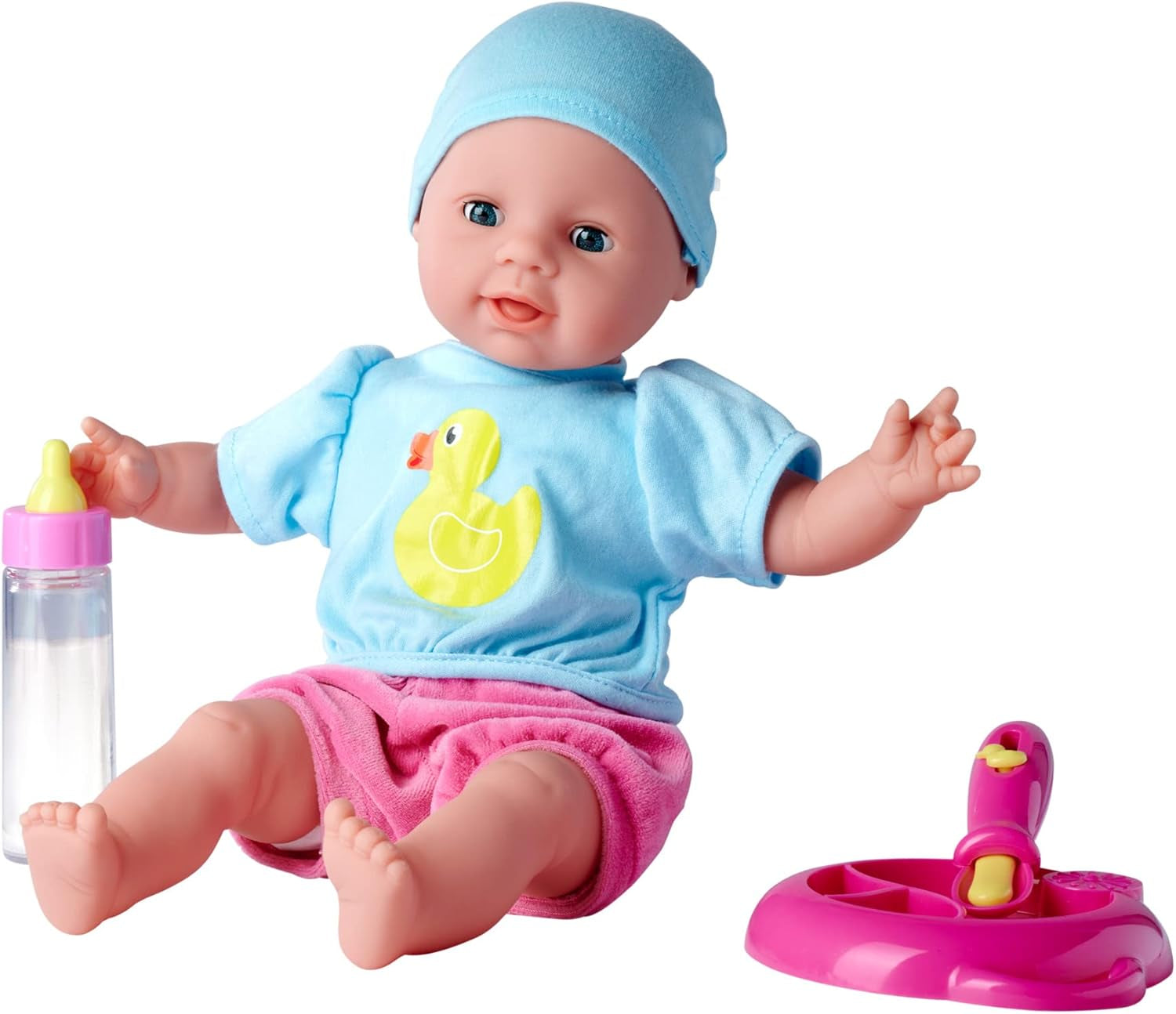 Simba 105010964 - Laura Hungry miękka lalka ze smoczkiem, magiczną łyżeczką, znikającą butelką i talerzem, 38 cm, laleczka bobas dla dzieci od 2 lat