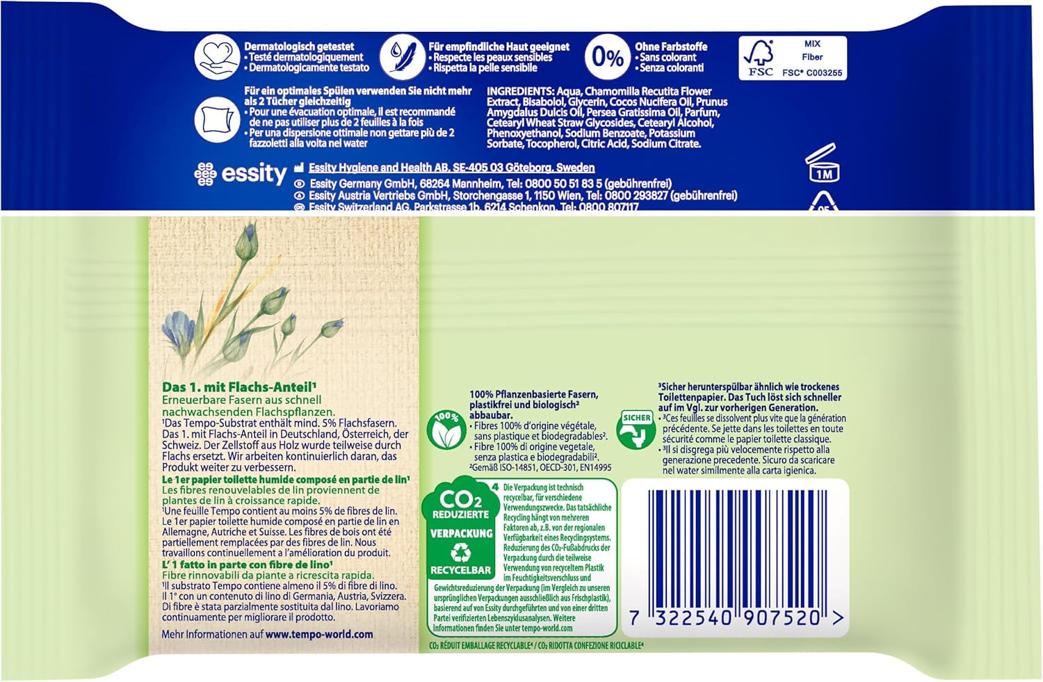 Chusteczki toaletowe nawilżone Tempo „Gentle & Sensitive” - Megapack - 16 opakowań po 42 chusteczki w każdym - Duo Pack - Natural Aloe Vera - Papier higieniczny, testowany dermatologicznie, neutralny dla skóry
