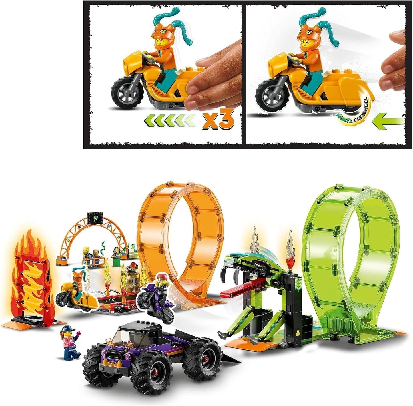 LEGO 60339 City Stuntz Zestaw kaskaderski z podwójną pętlą, zawiera. rampa, monster truck, 2 motocykle i 7 minifigurek, zabawka dla dzieci powyżej 7 lat Zestawy do budowania Besuche den LEGO-Store