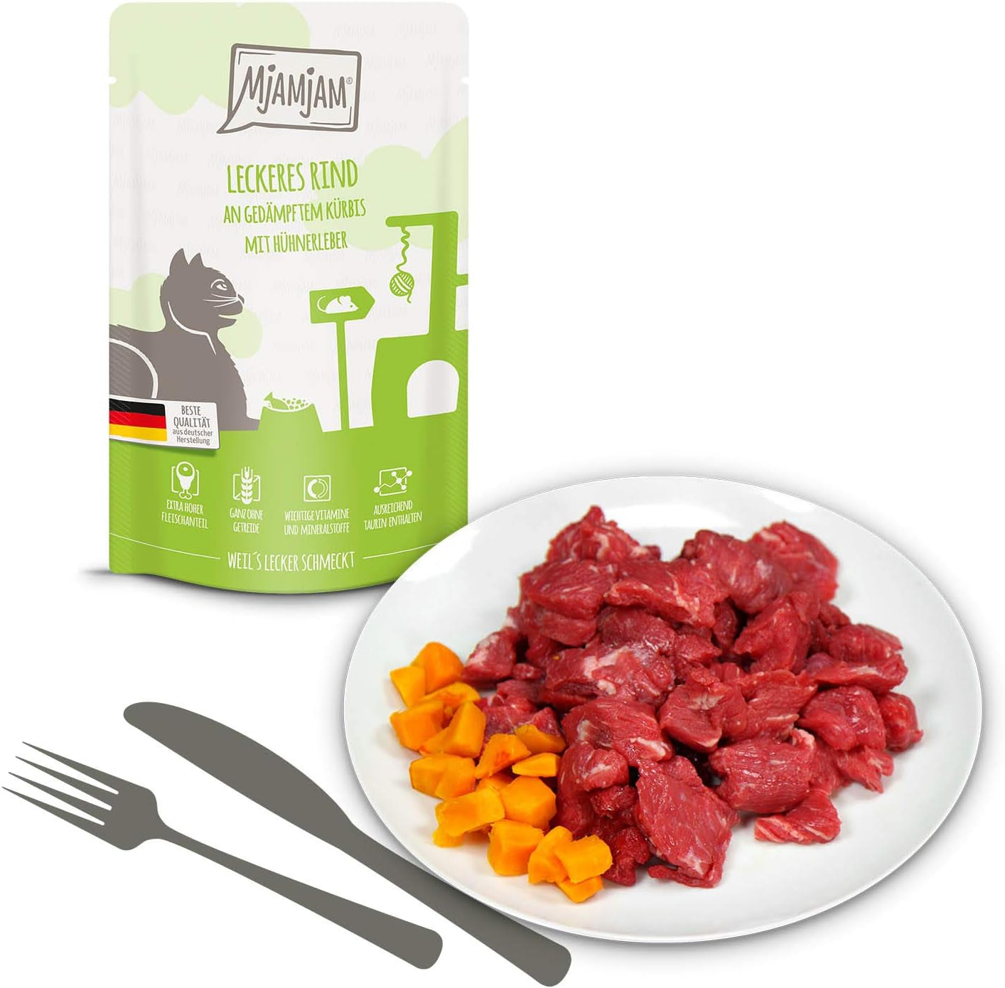 MjAMjAM - Mokra karma premium dla kotów - Pakiet mieszany I - Kurczak, Wołowina, Serca 12 Pak (12 x 125 g), Bez Zbóż z Dodatkowym Mięsem
