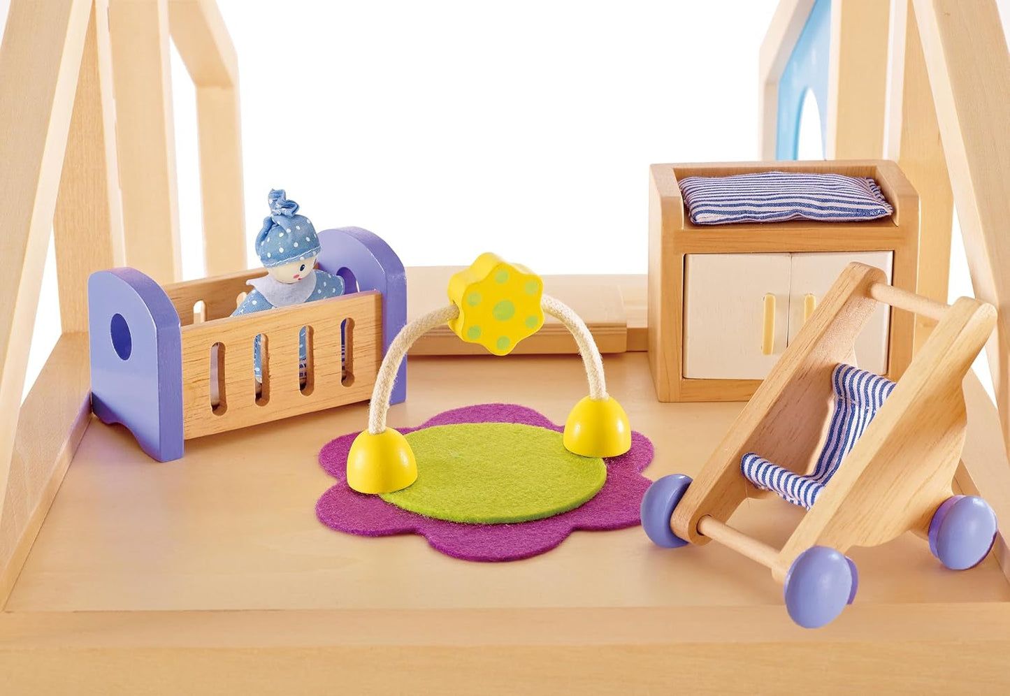 Hape Baby Room - drewniany zestaw do pokoju lalek, mebelki dla lalek, akcesoria do domku dla lalek dla maluchów, miniaturowy pokój dziecięcy z huśtawką i akcesoriami, 3-letnie odgrywanie ról