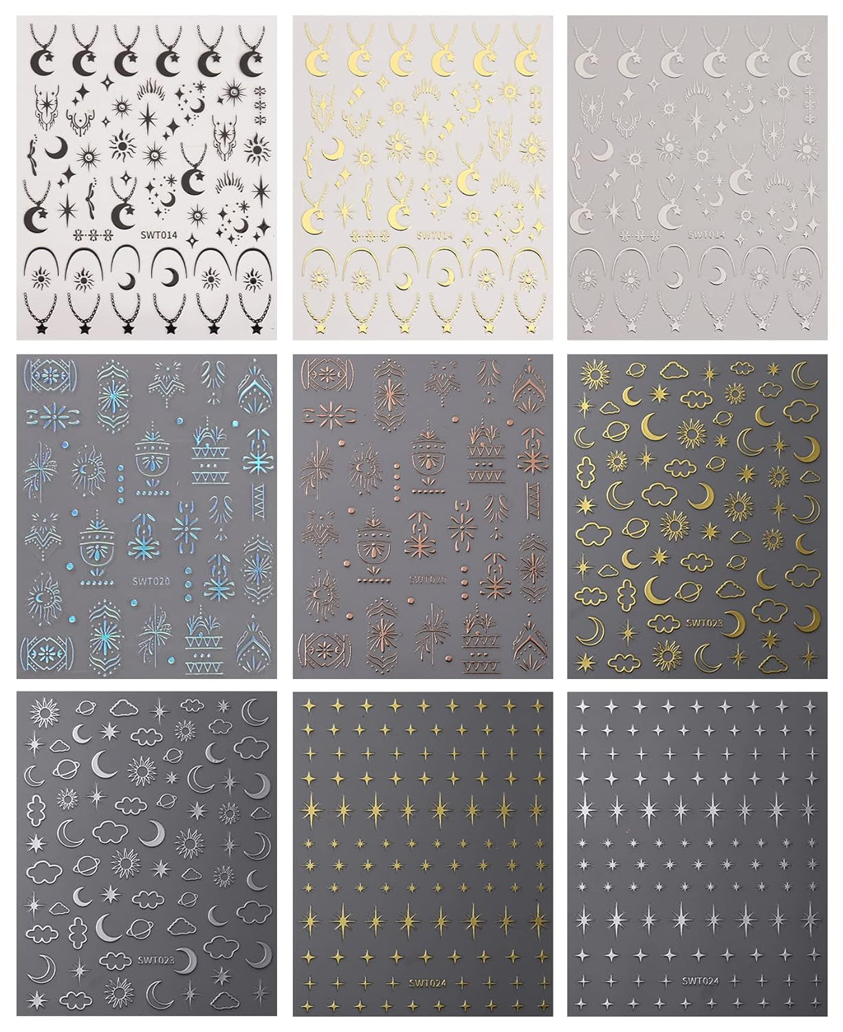 JMEOWIO Nagelsticker Mond Stern 9 Blatt Nail Art Naklejka Selbstklebend Nagelaufkleber Bunter Dekoration Nageldesign Zubehör