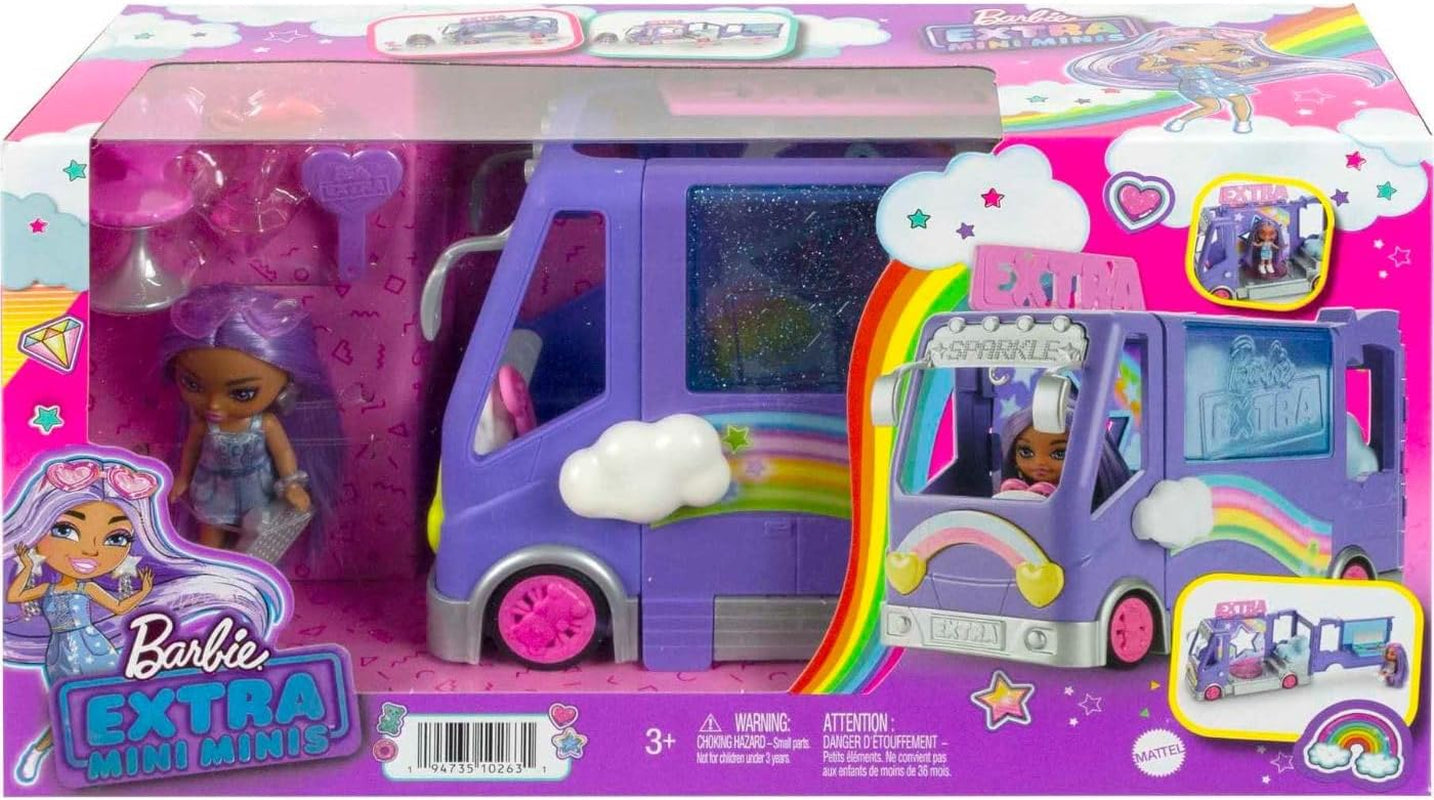 Lalka Barbie Extra Mini Minis, Lalka Extra Mini Minis z dodatkowym brokatowym vanem turystycznym, w tym kosmetyczka i akcesoria do pokazów, prezent dla dzieci, zabawka dla dzieci w wieku od 3 lat, HKF84