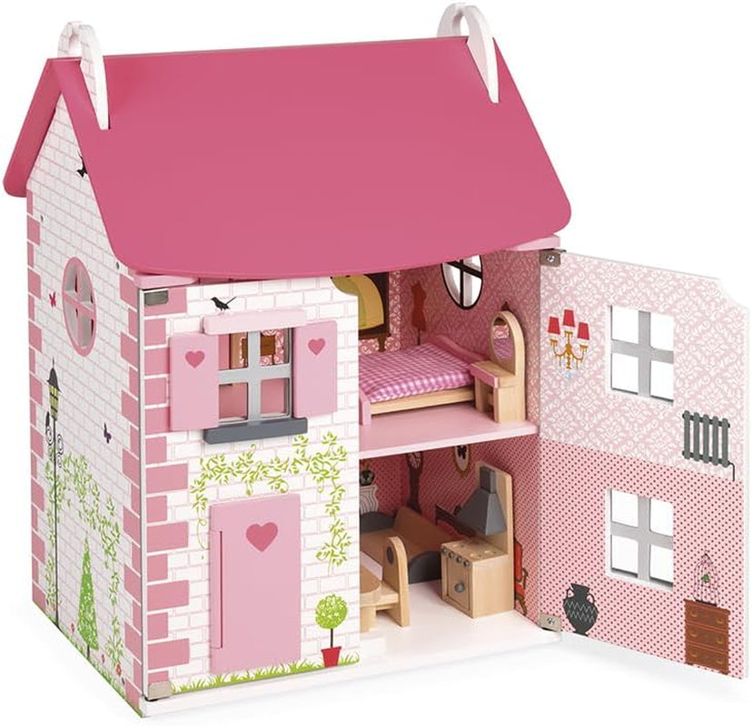 Janod - Drewniany domek dla lalek Mademoiselle, 3 piętra i 11 akcesoriów, replika zabawek, rozwija wyobraźnię, wiek powyżej 3 lat, J06581, różowy Naty Shop klasyczne domki dla lalek
