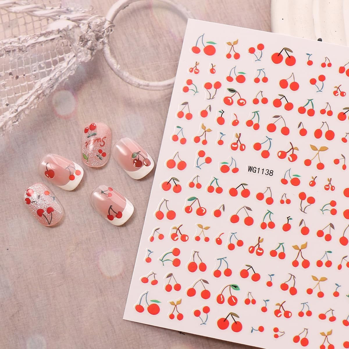 JMEOWIO Nagelsticker Kirschfrucht 6 Blatt Nail Art Naklejka Selbstklebend Nagelaufkleber Dekoration Nageldesign Zubehör