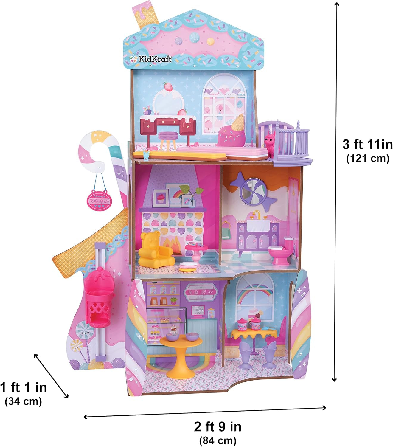 Drewniany domek dla lalek Kidkraft Candy Castle z meblami i akcesoriami, domek z figurką jednorożca lamy, podnośnik do lodów i gumowe krzesło dla lalek, zabawka dla 3 lat, 20242 Domki dla lalek Naty Shop