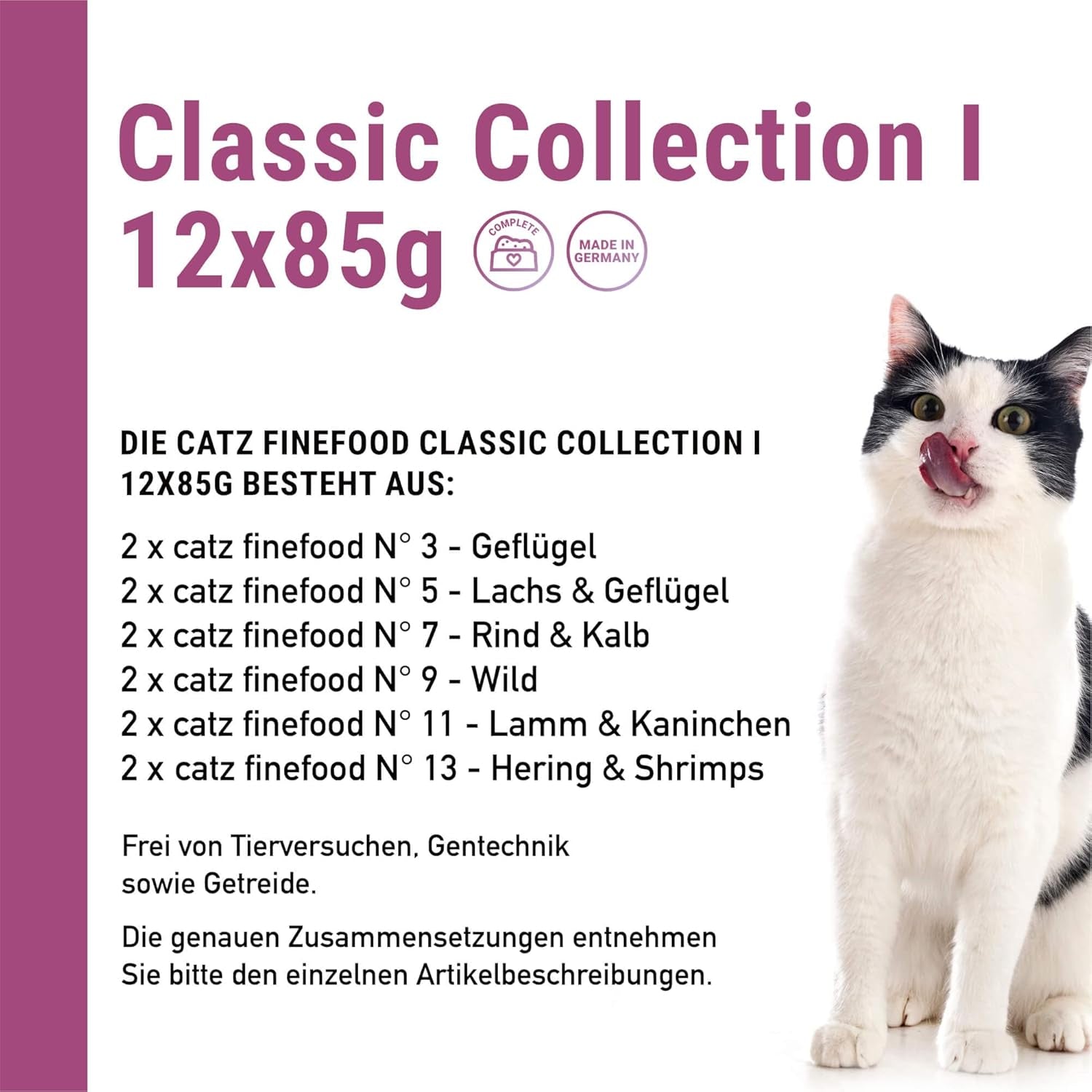 Catz Finefood Classic Collection Mixed Pack Mokra karma dla kotów - Wyśmienita karma mokra dla Twojego kota, bez zbóż i bez cukru, o dużej zawartości mięsa, 24 saszetki x 85g