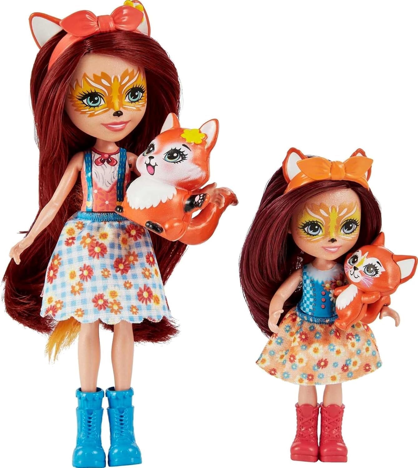 Enchantimals HCF81 - Felicity Fox i jej młodsza siostra (ok. 15 cm i ok. 10 cm) oraz 2 figurki zwierząt, odpinana spódnica i akcesoria, świetny prezent dla dzieci w wieku 3 lat i starszych