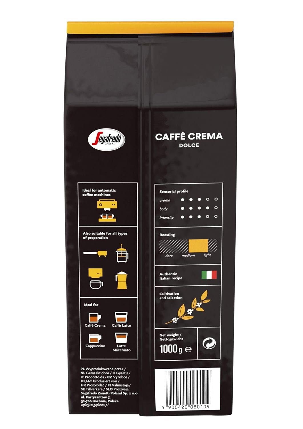 Segafredo Zanetti Caffè Crema Dolce - Całe ziarna (opakowanie 1 kg) - Pasuje do Caffè Crema - Kawa ziarnista jasno i średnio palona o łagodnym i zrównoważonym smaku (2 opakowania)