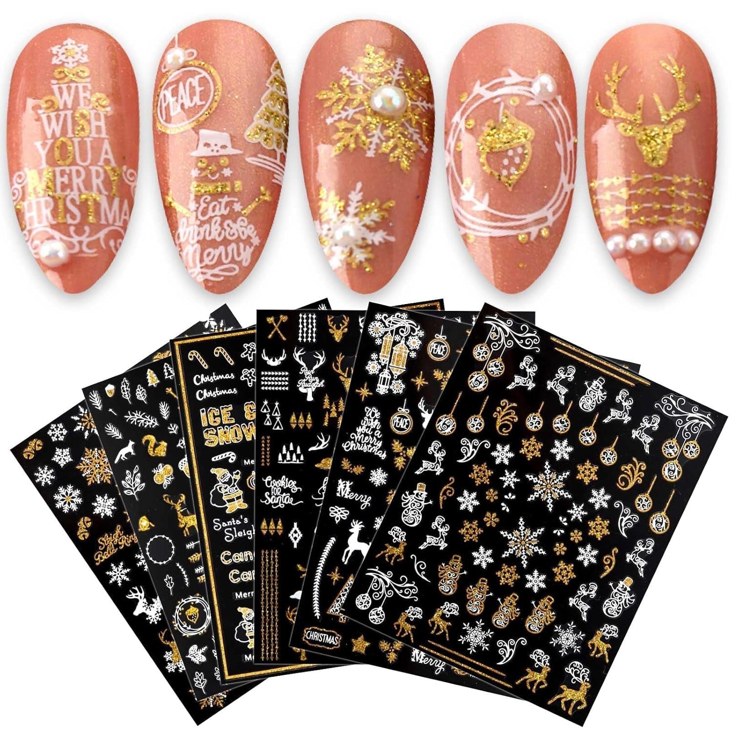 JMEOWIO Nagelsticker Weihnachten 9 Blatt Nail Art Naklejka Selbstklebend Nagelaufkleber Schneeflocke Schneemann Festival Weißes Gold Dekoration Nageldesign Zubehör
