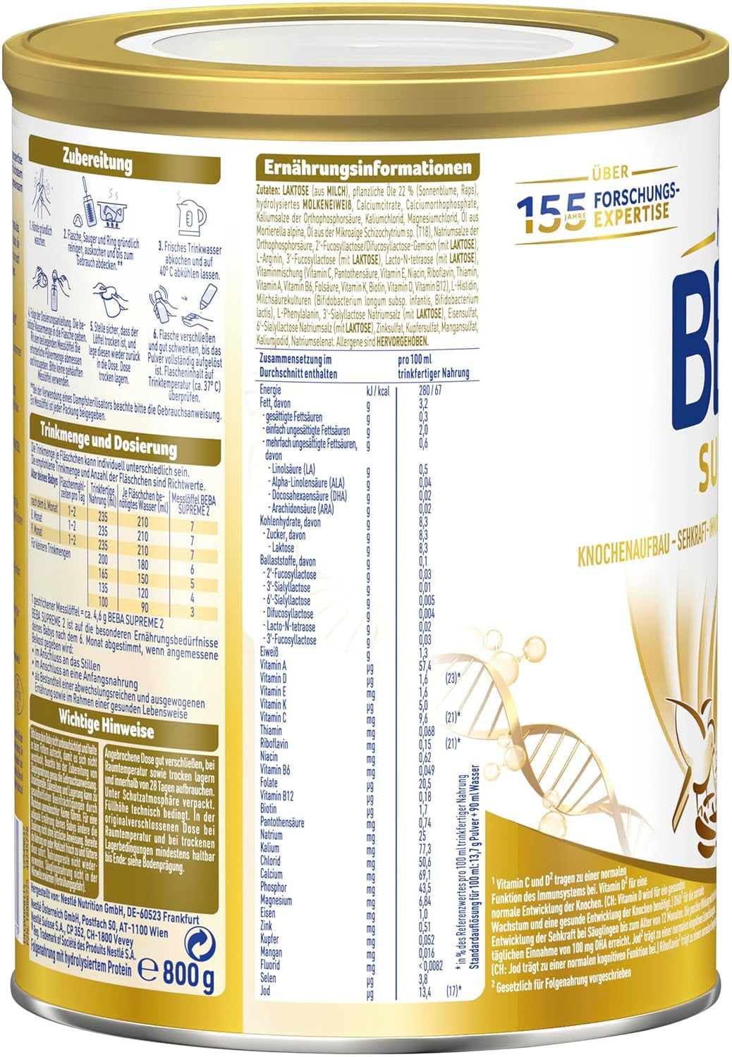 BEBA SUPREME 2 Mleko następne po 6 miesiącu, tylko laktoza, bez oleju palmowego, opakowanie 6 szt. (6 x 800 g) Naty Shop