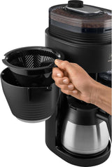 Melitta AromaFresh Therm Pro X - Ekspres do espresso z filtrem, zintegrowanym młynkiem, wyjmowanym zbiornikiem na wodę, dzbankiem termicznym ze stali nierdzewnej i funkcją timera, na maksymalnie 8 filiżanek kawy, czarno-srebrny