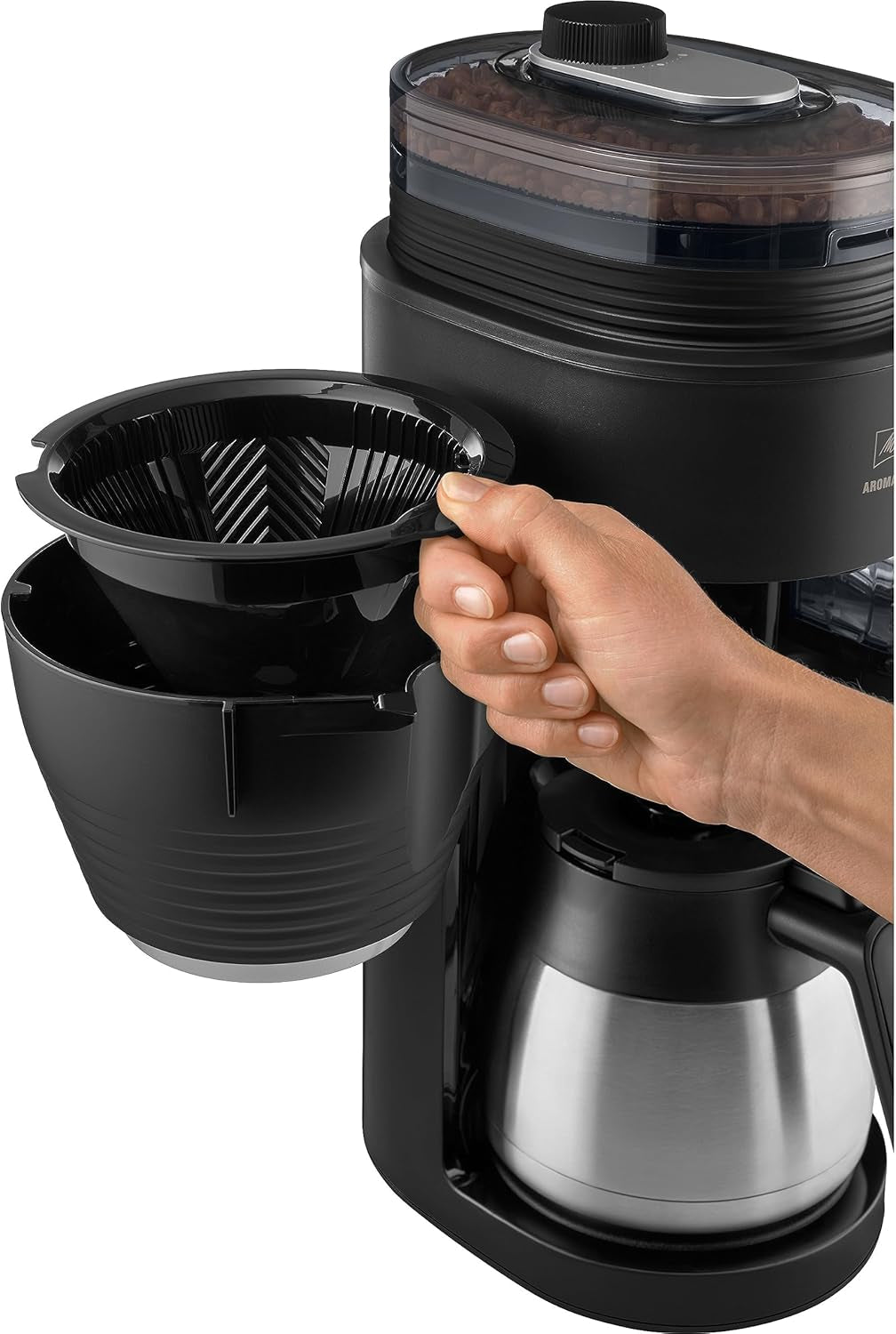 Melitta AromaFresh Therm Pro X - Ekspres do espresso z filtrem, zintegrowanym młynkiem, wyjmowanym zbiornikiem na wodę, dzbankiem termicznym ze stali nierdzewnej i funkcją timera, na maksymalnie 8 filiżanek kawy, czarno-srebrny