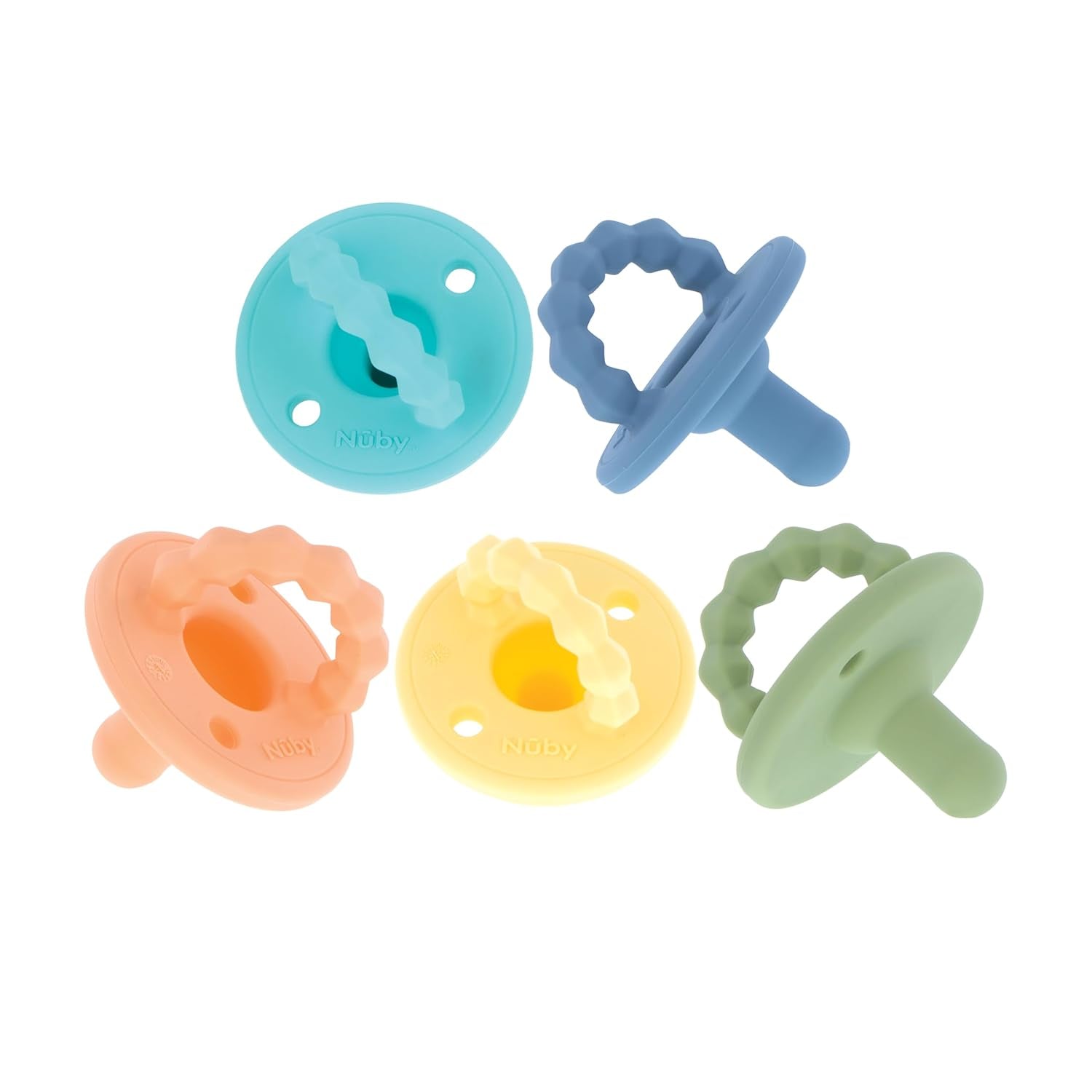 Nuby – Zestaw 5 miękkich silikonowych smoczków ortodontycznych i smoczków | 3 modele na dzień i na noc | 2 modele świecące w ciemności | Bez BPA | Kształt przypominający pierś | Przez 18-36 miesięcy