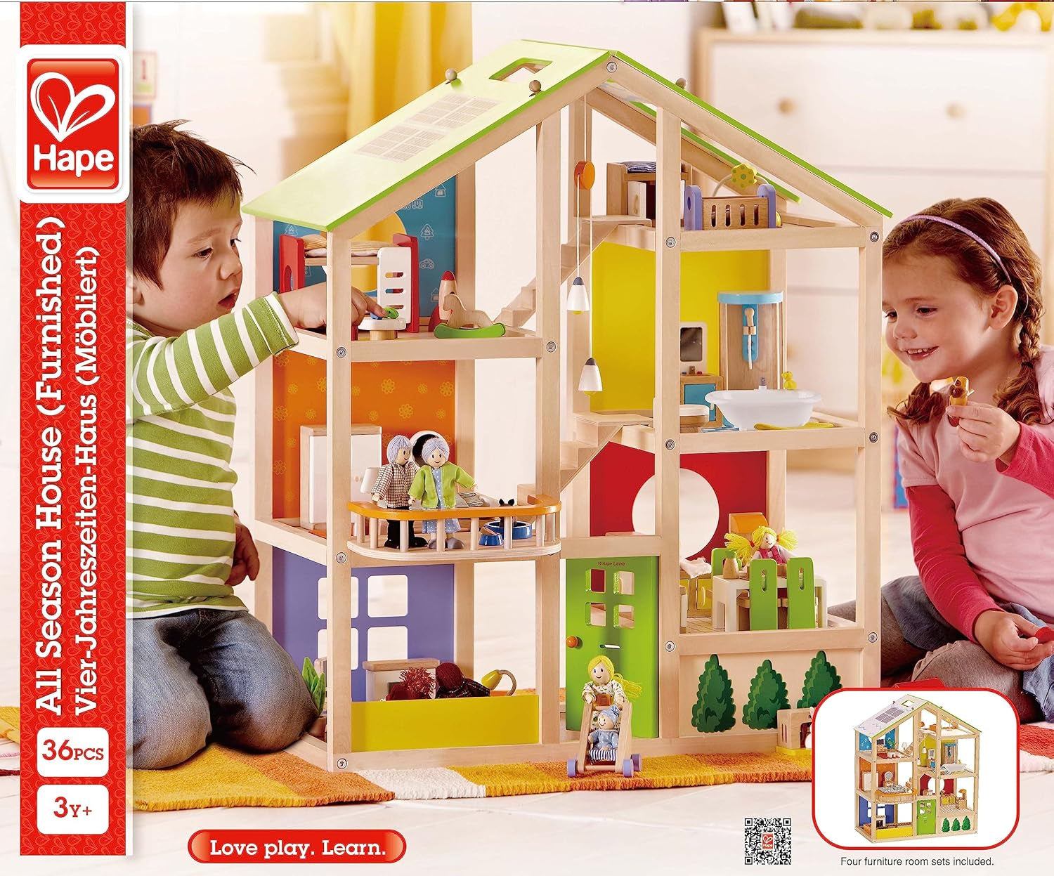 Drewniany domek dla lalek Hape Four Seasons Nagradzany trzypiętrowy domek dla lalek z meblami, akcesoriami, ruchomymi schodami i odwracanym dachem na każdą porę roku Domki dla lalek Naty Shop