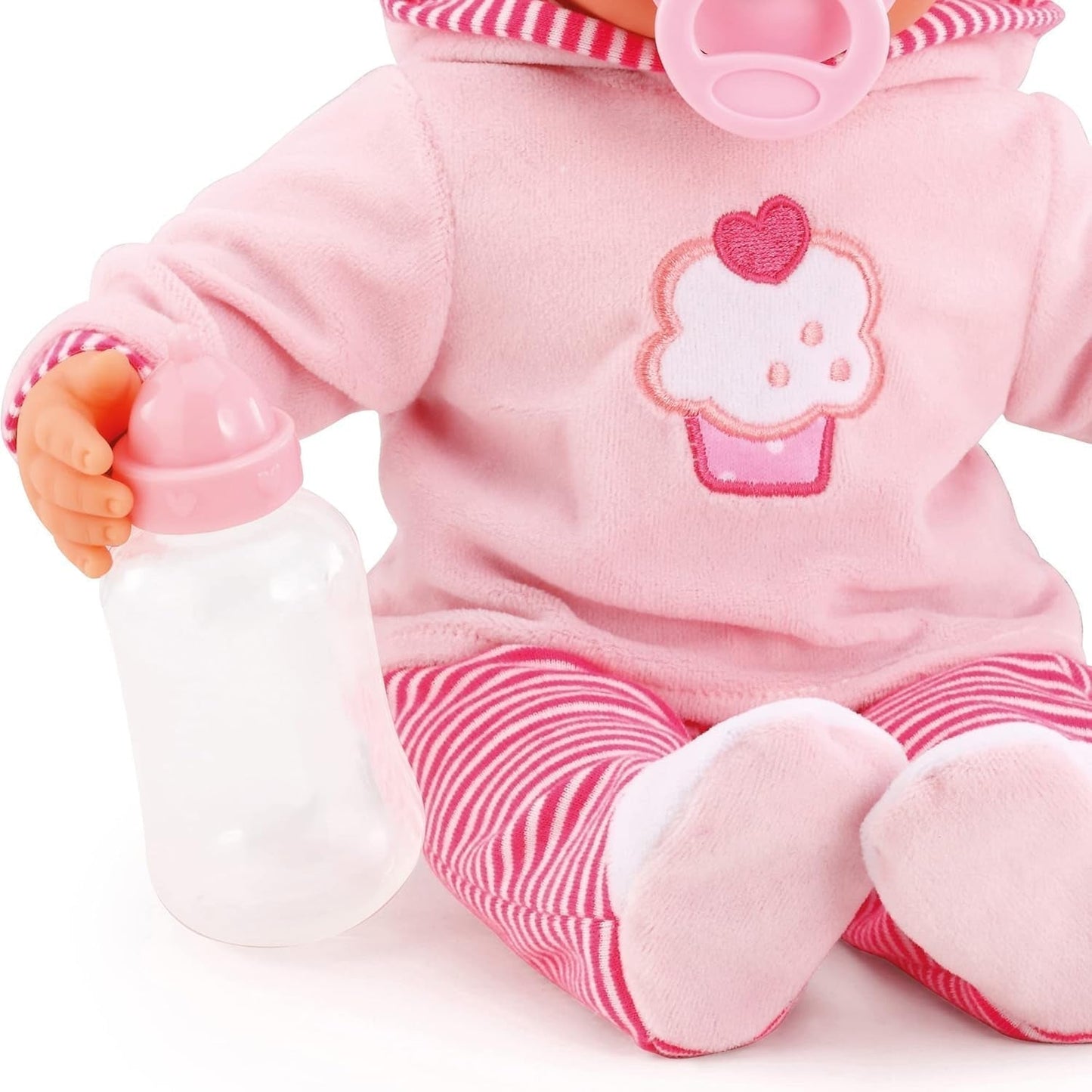 Lalka First Words ze śpiącymi oczami, wydaje 24 dziecięce dźwięki, z lalką i butelką, 38 cm, różowa/paski Naty Shop Dolls