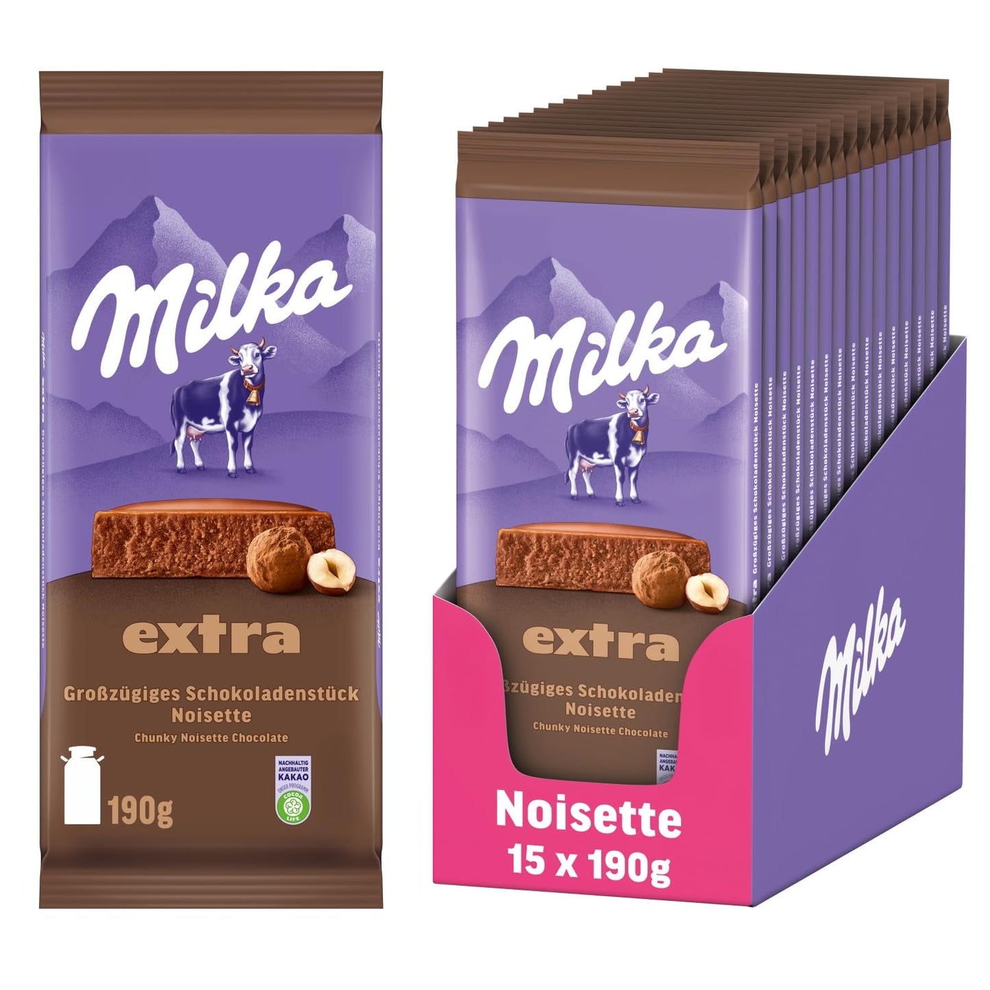 Milka Extra Noisette – Alpejska czekolada mleczna z delikatnym i kremowym nadzieniem z orzechów laskowych – 15 x 190 g