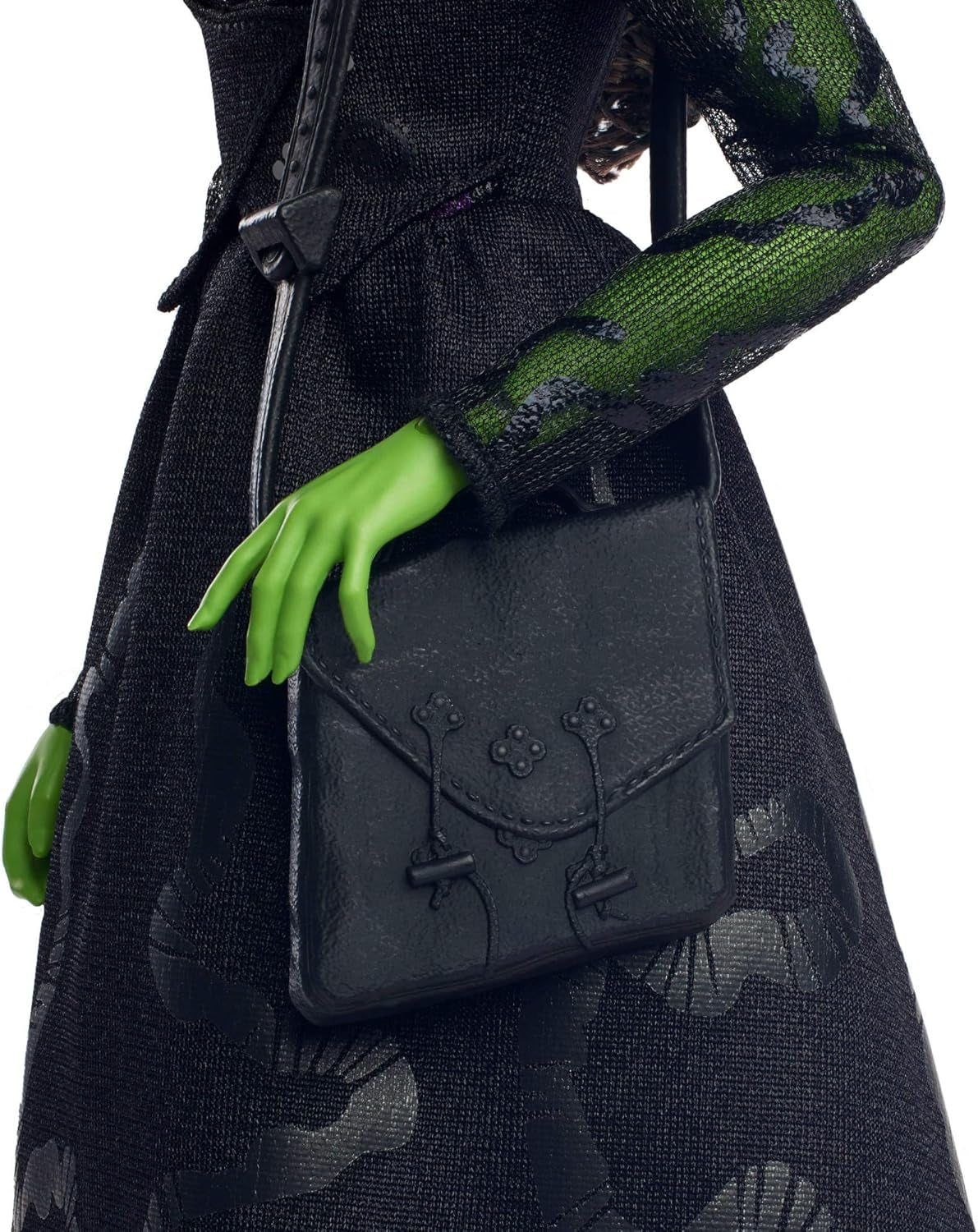 Mattel Wicked Elphaba Fashion Doll i akcesoria z zieloną skórą, czarnymi warkoczami, różnymi możliwymi pozami i odpinanym wyglądem sukni balowej, HXT62, [wielokolorowy]