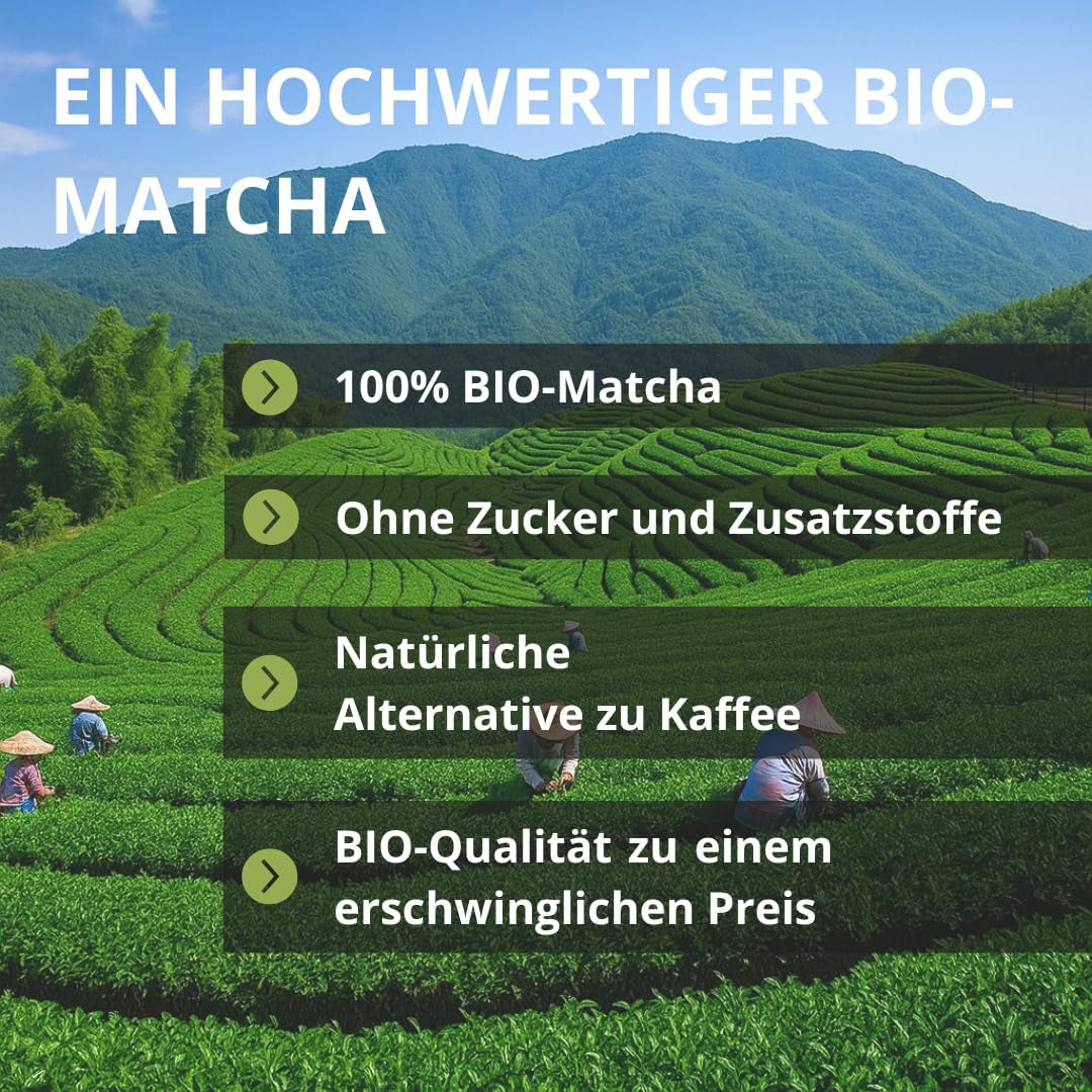 | Matcha organiczny proszek 100 g | Ceremonialna klasa zielonej herbaty Matcha w proszku | 100% naturalności i najwyższej jakości | Herbata detoksykująca | Kompatybilny z zestawem Matcha, łodygą, miską i szklanką.