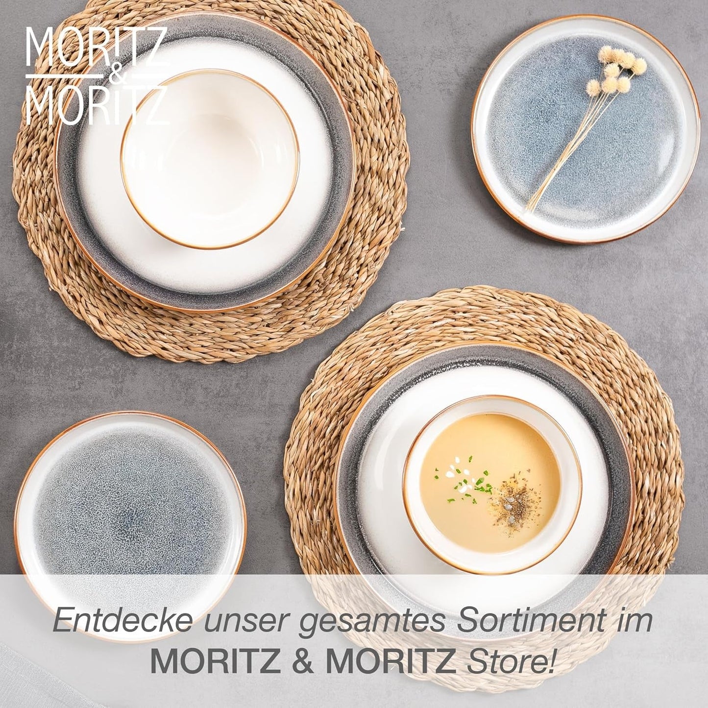 Moritz & Moritz TARENTO 24-częściowy zestaw obiadowy dla 6 osób, szary - Elegancki zestaw talerzy z kamionki wysokiej jakości - Zestaw obiadowy zawiera 6 talerzy obiadowych, 6 talerzy deserowych, 6 talerzy obiadowych i 6 filiżanek